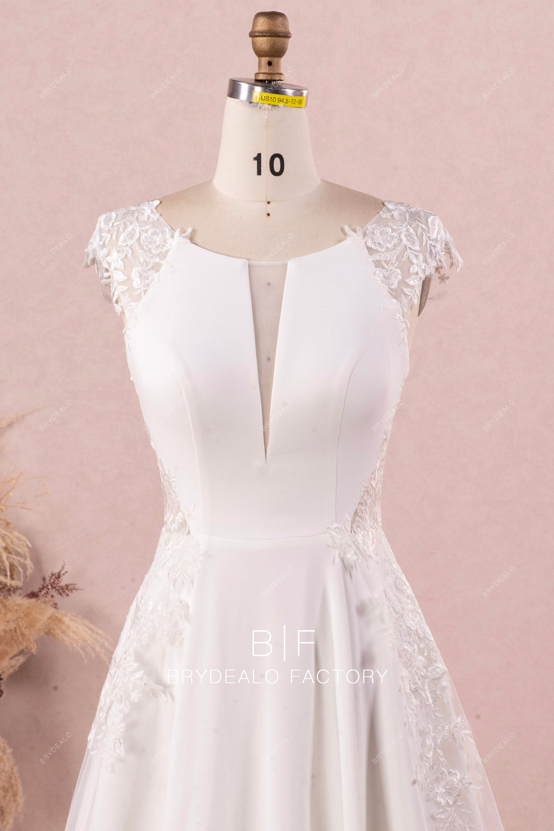 cap sleeve V-cut crepe wedding dress