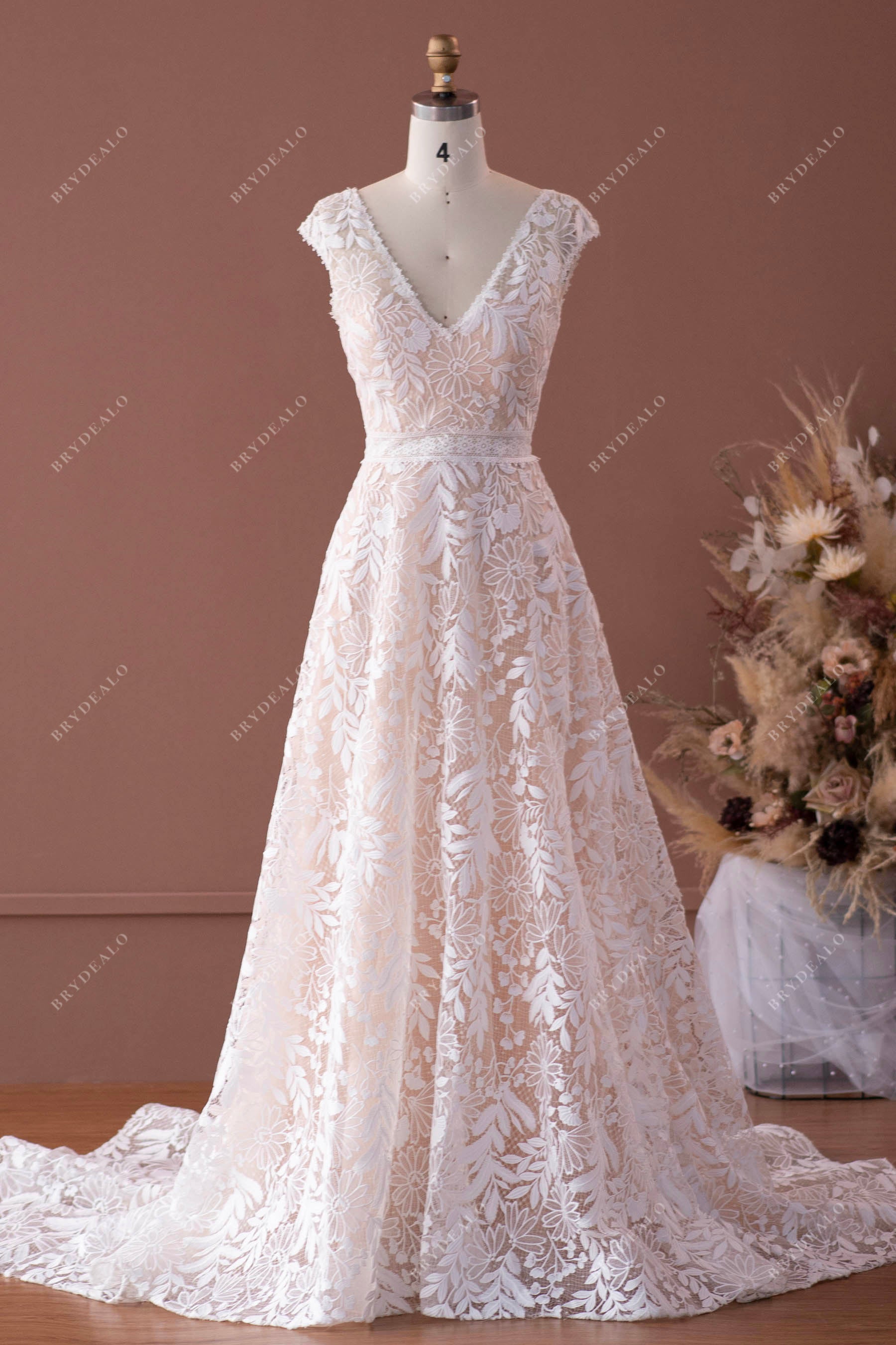 cap sleeve v-neck lace a-line wedding dress