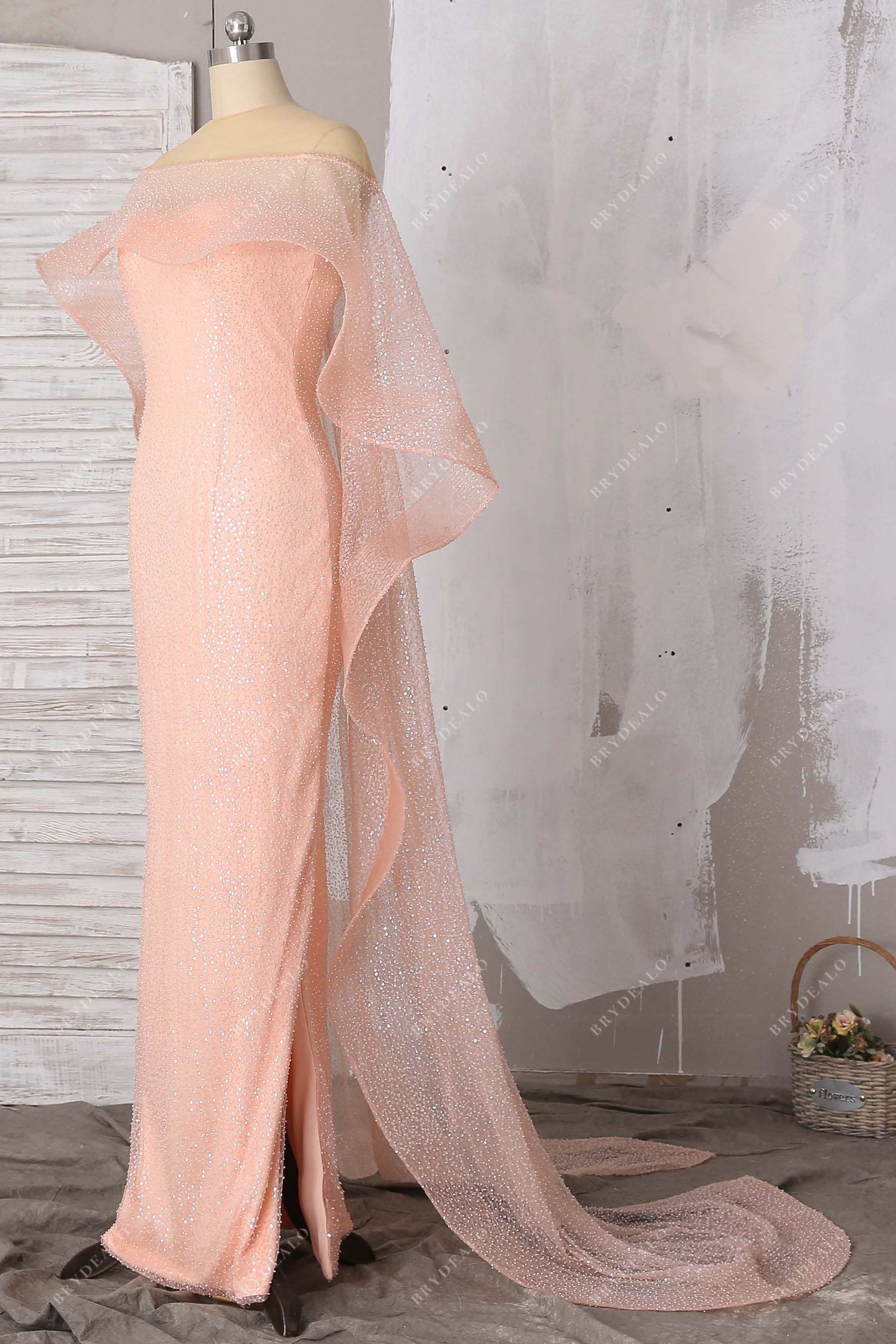 cascading ruffled cape sparkly sequin dress