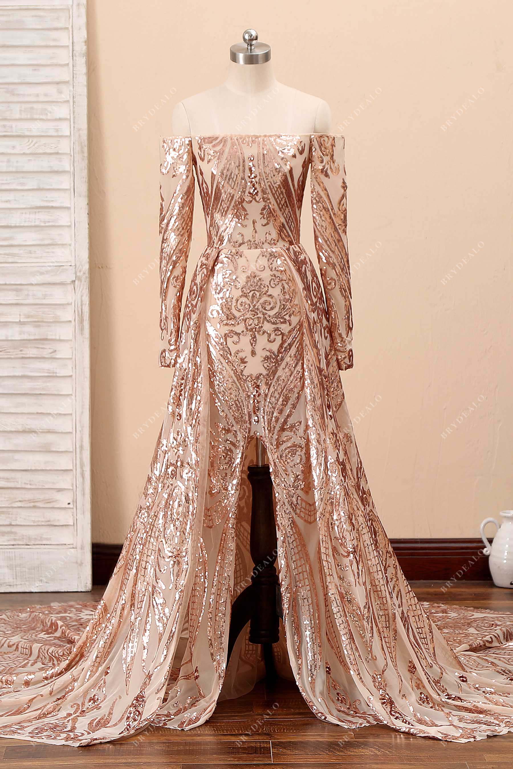 sachin and babi light blue dress Champagne Patterned Sequin Off Shoulder Prom Gown