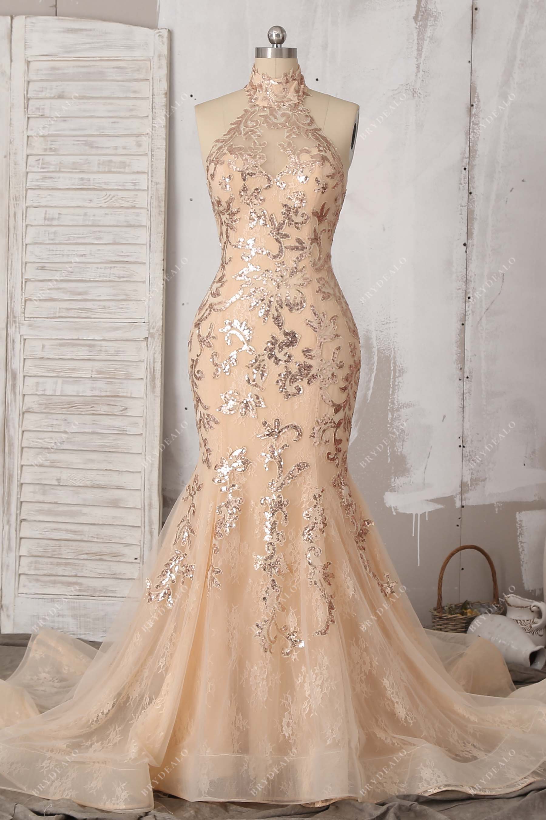 champagne sequin mermaid halter dress