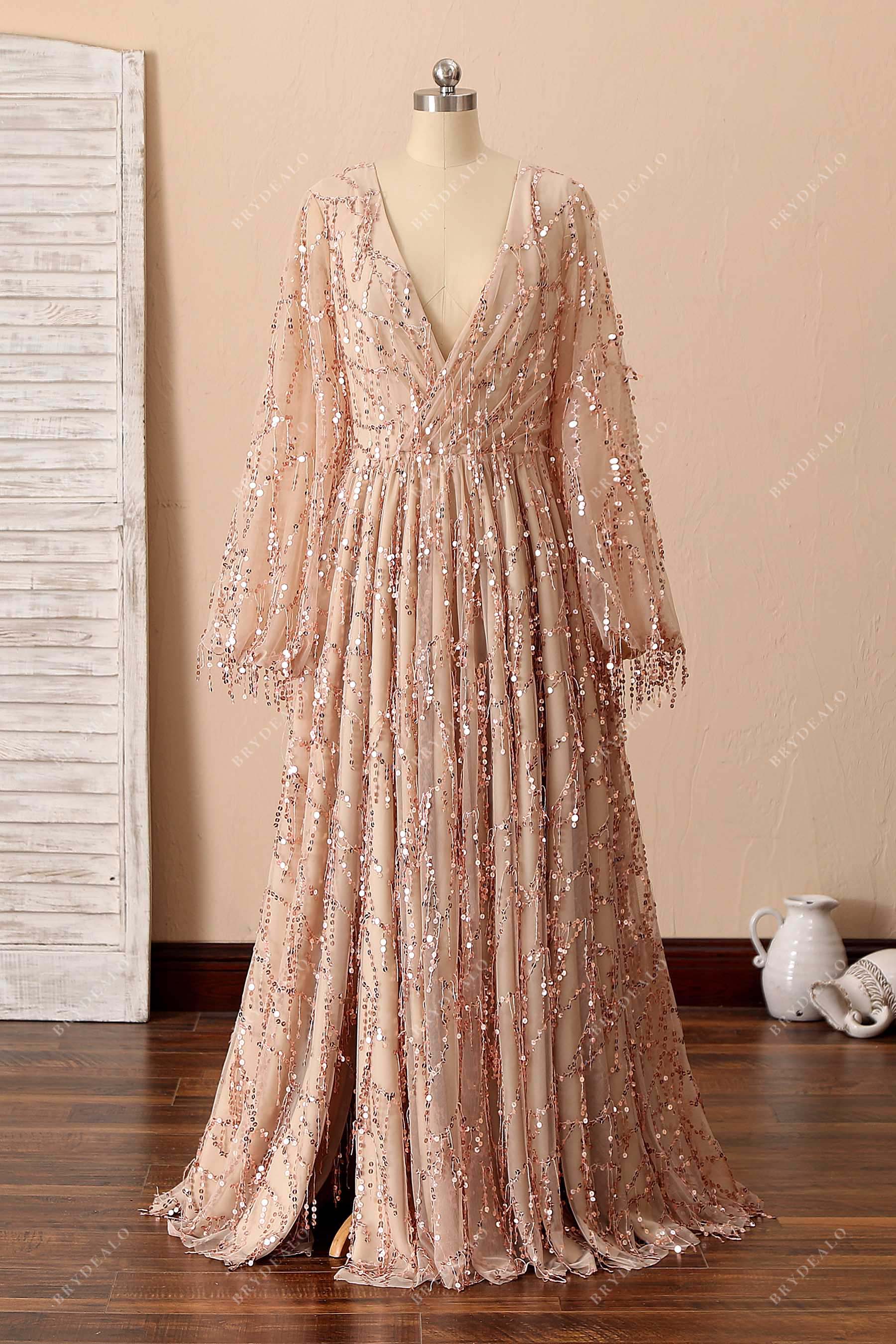 champagne tassels sequin V-neck slit prom dress