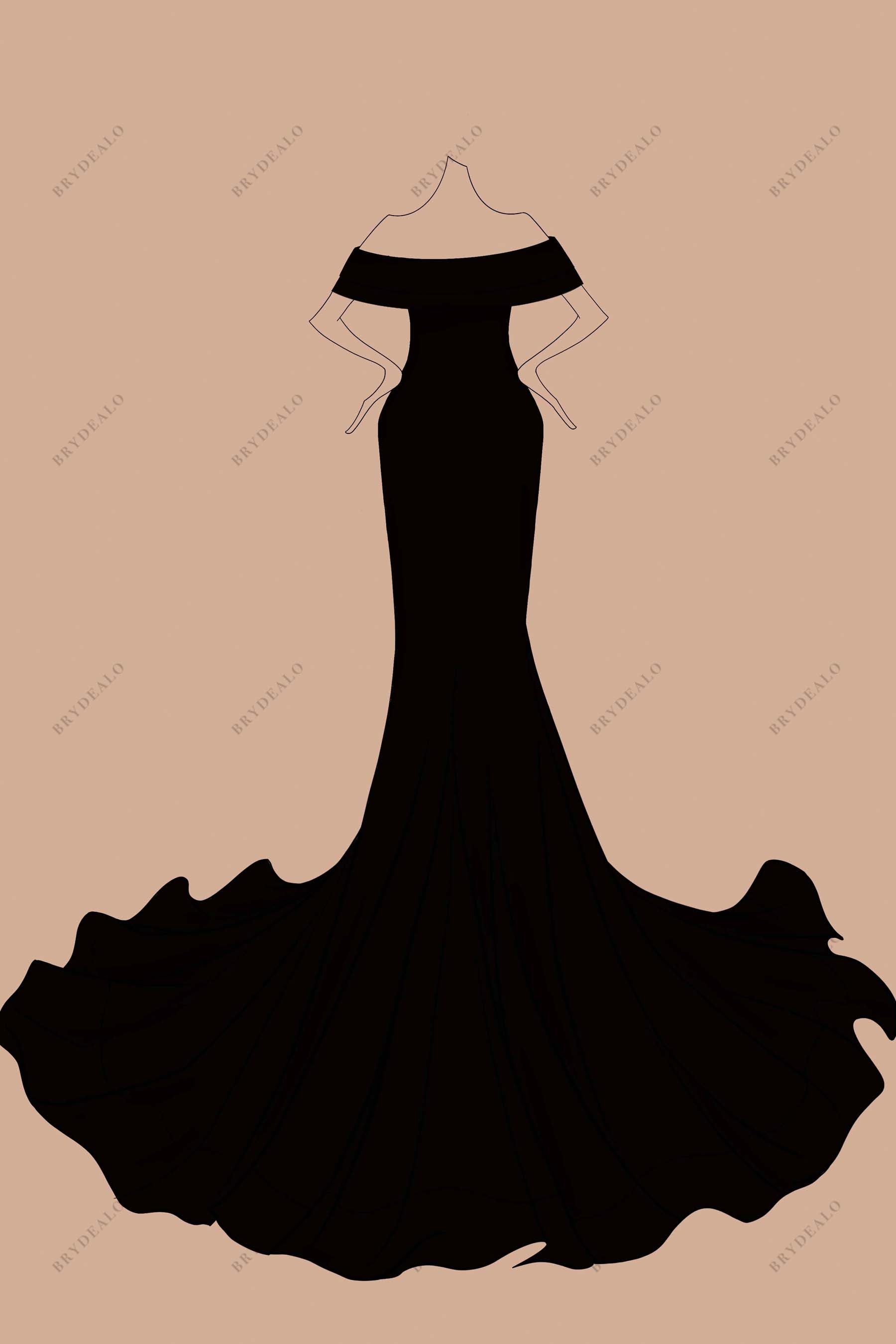 chapel train mermaid off shoulder prom gown sketch