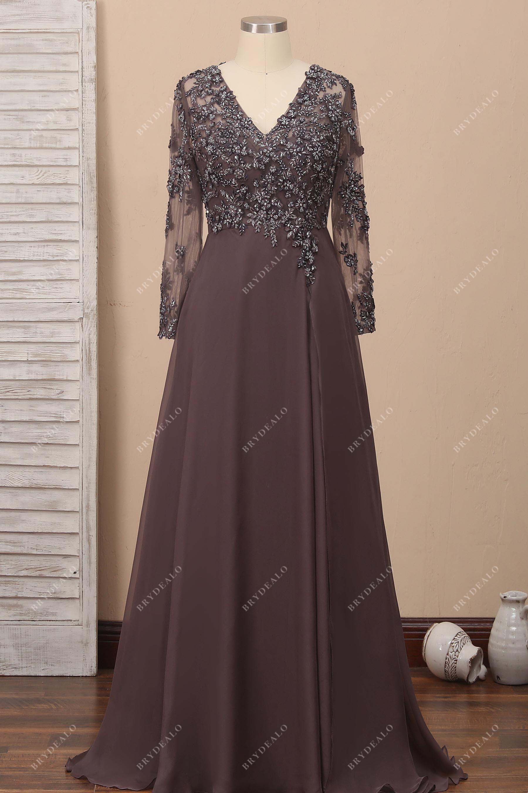 Beaded Chocolate Chiffon Sheer Sleeves Prom Dress Beaded Chocolate Chiffon Sheer Sleeves Prom Dress