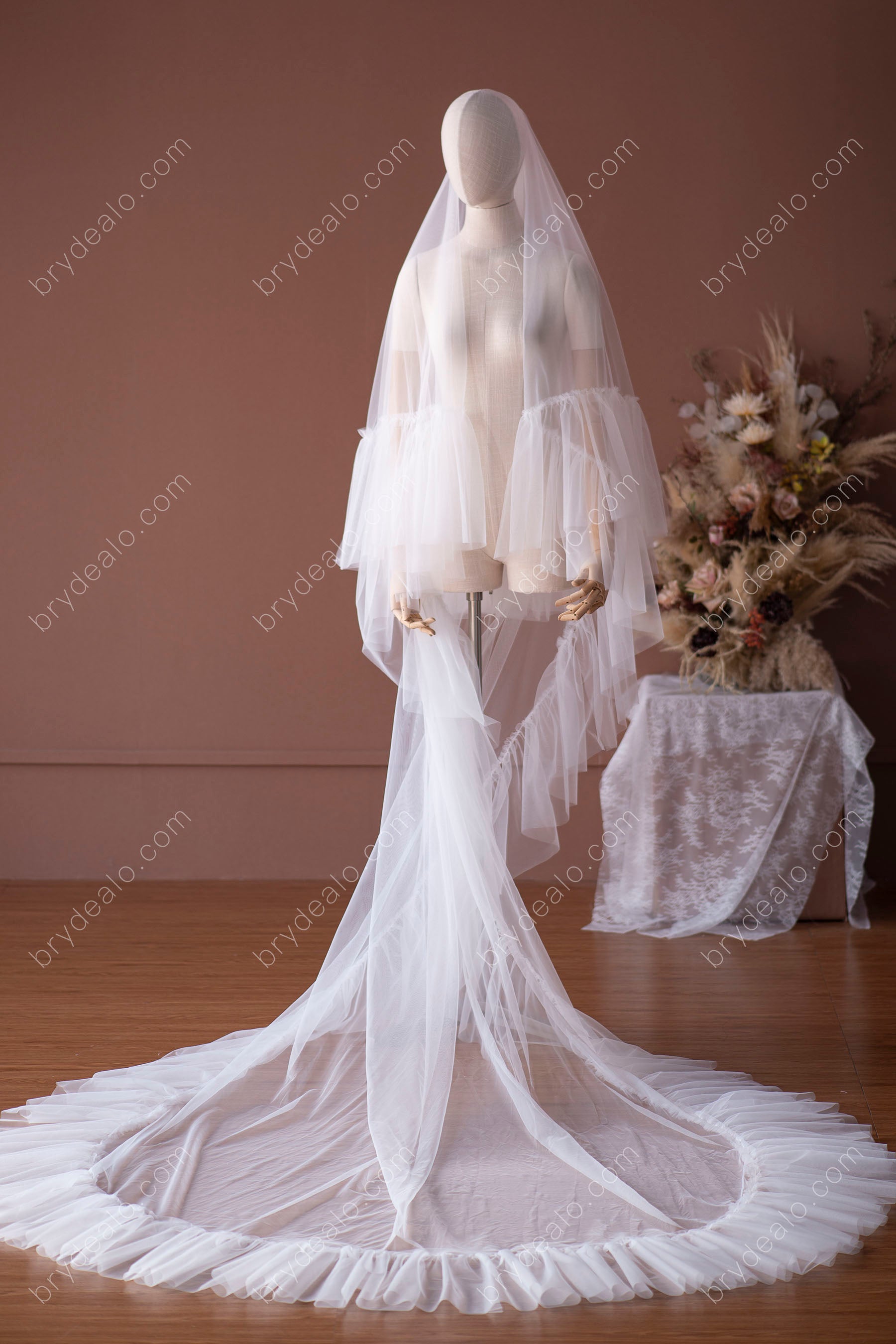 One Blushing Bride Pearl Cathedral Length Wedding Veil with Scattered Beading White / 1 Layer Veil