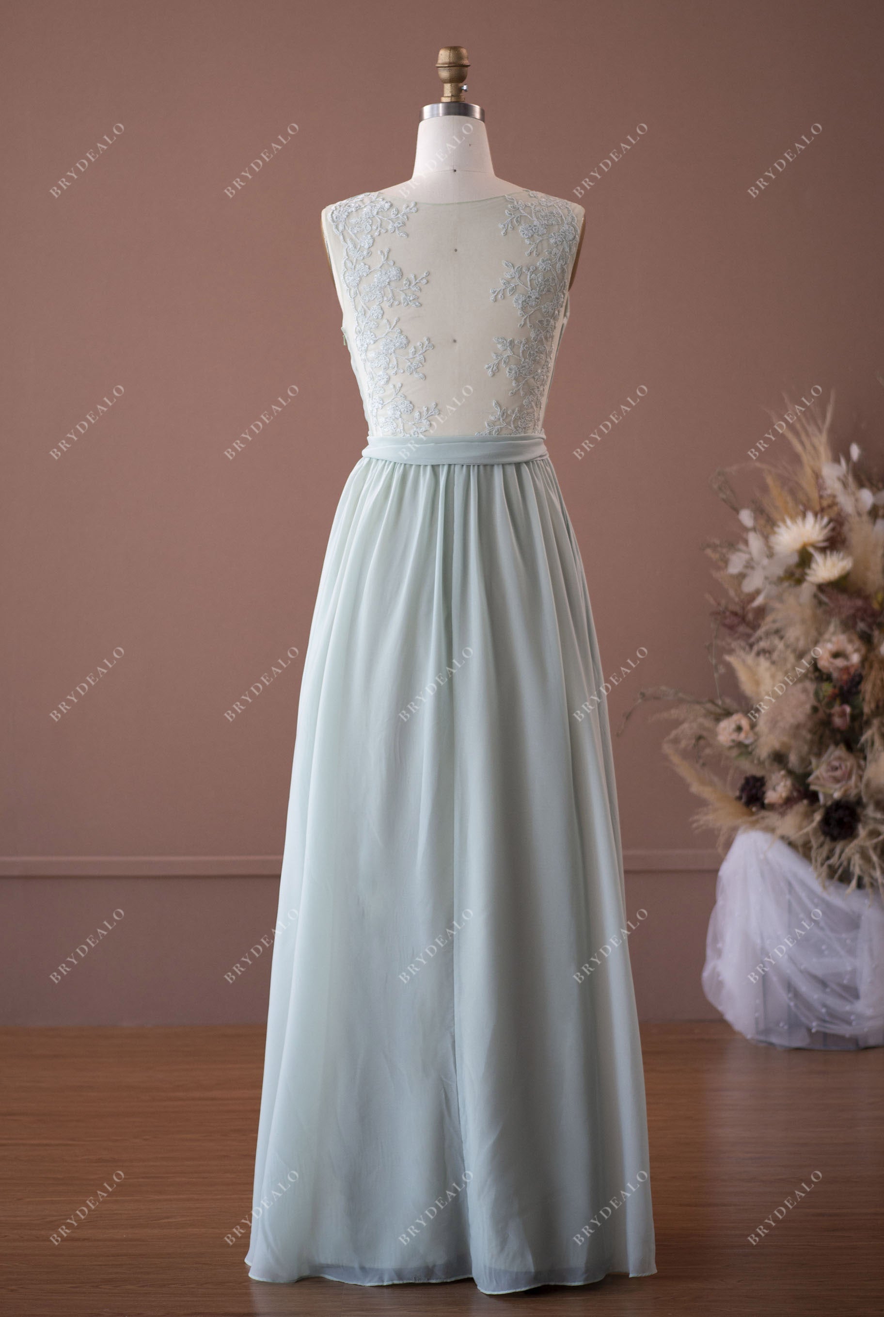 Sage Lace Chiffon Illusion Back Bridesmaid Dress Sample Sale