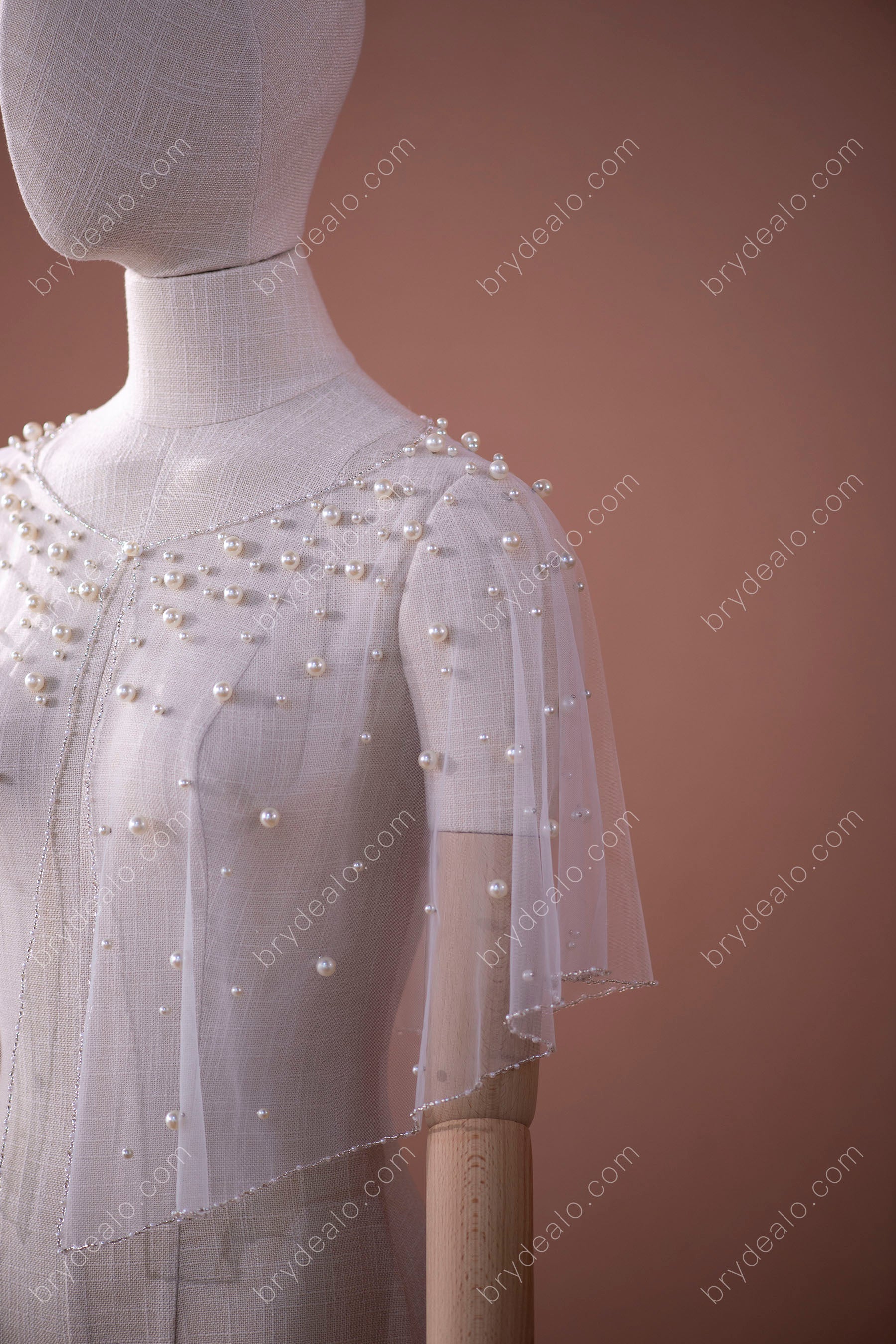 pearls tulle bridal cape veil