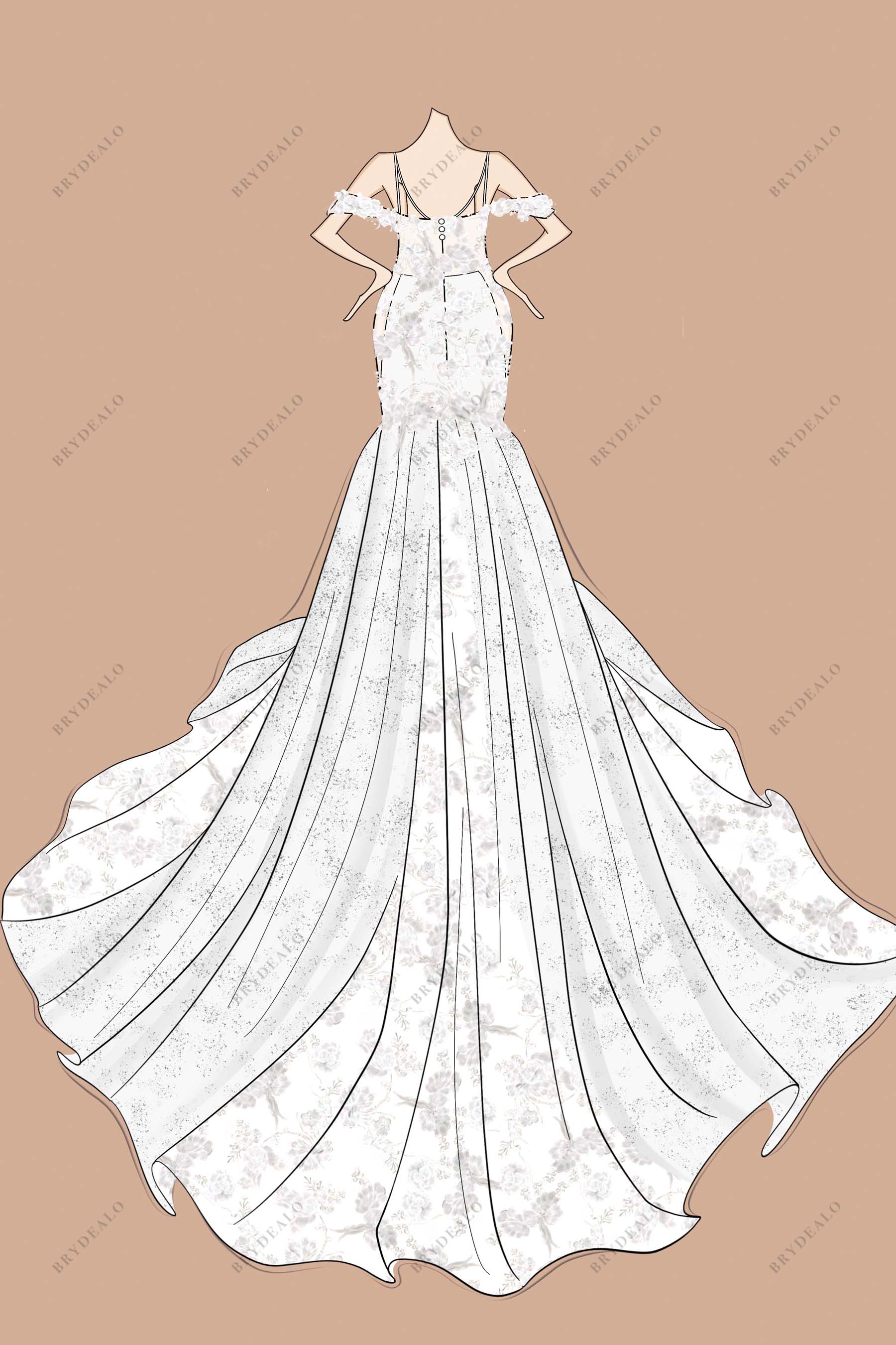 Cold-shoulder Long Train Trumpet  Custom Lace Wedding Dress Sketch