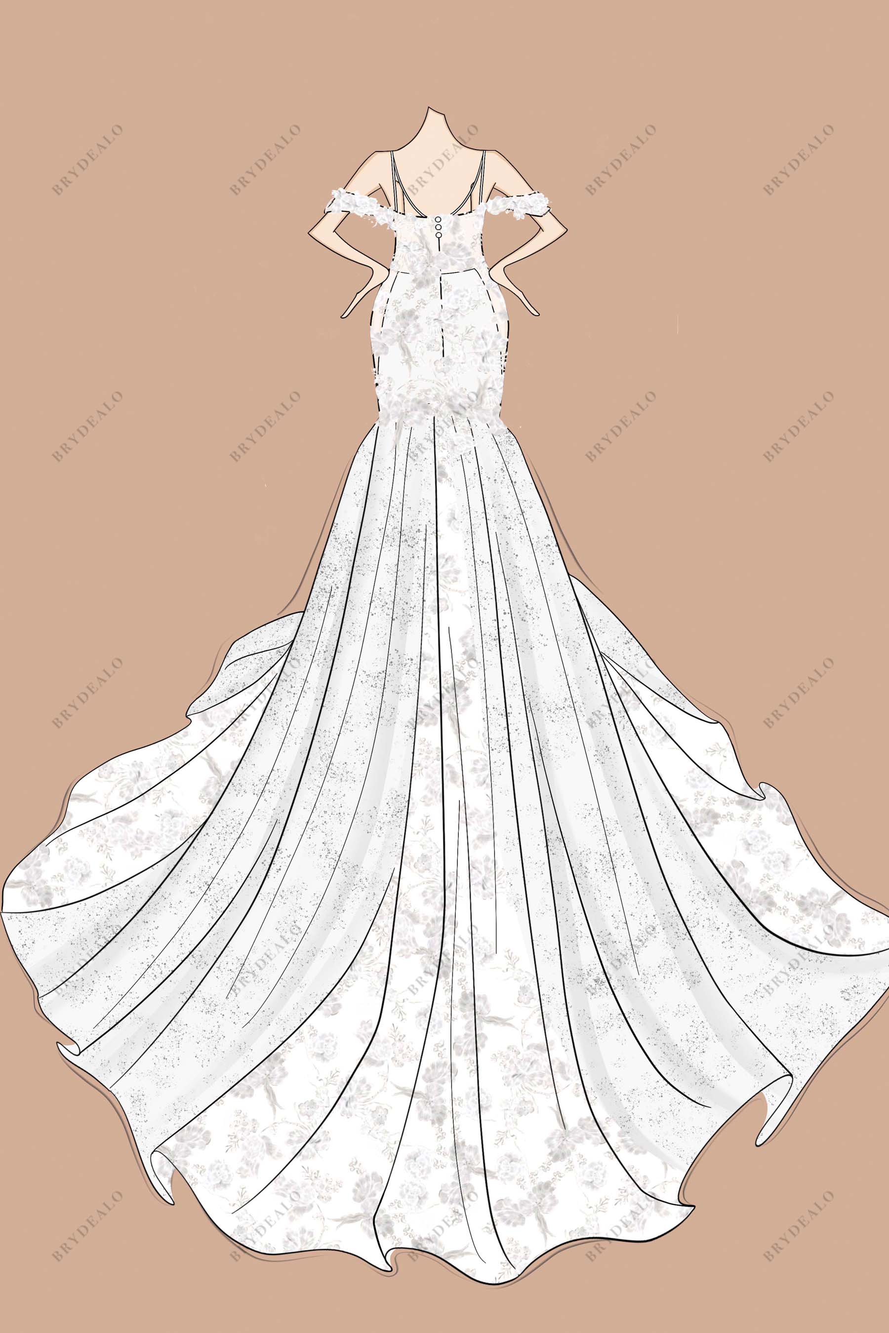 Cold-shoulder Long Train Trumpet Custom Lace Wedding Dress Sketch