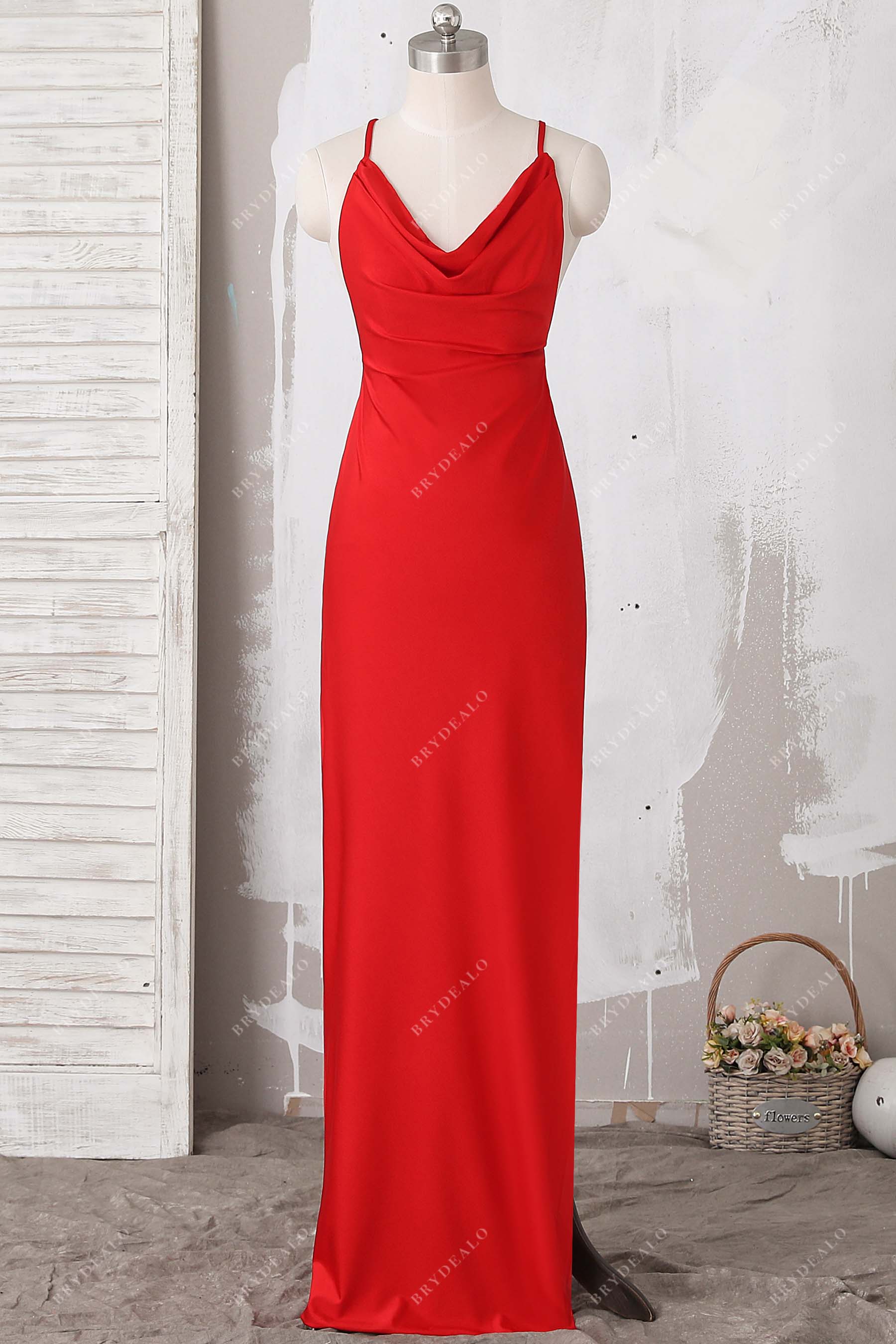 cowl neck red jersey sheath prom dress