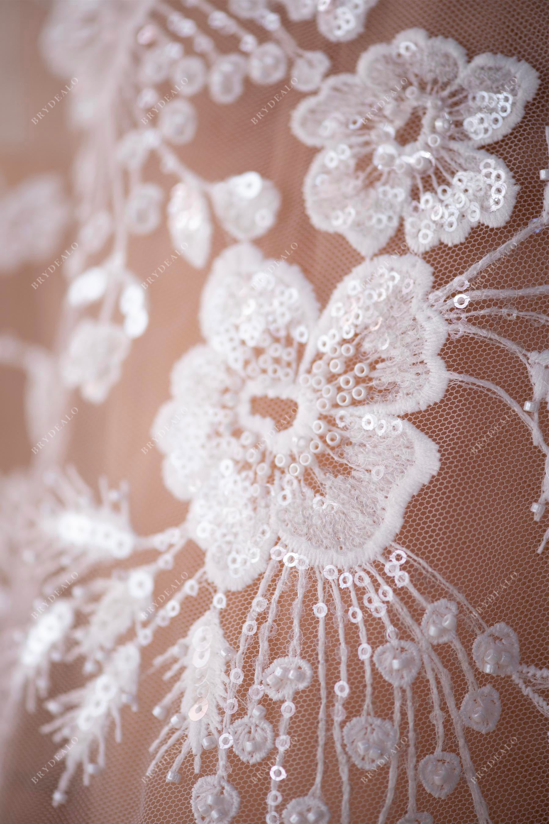 cream beaded lace fabric for designer wedding dress