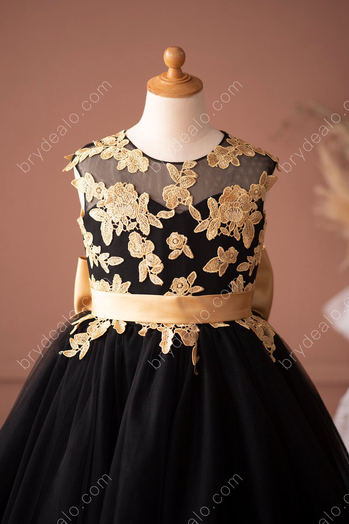 gold lace black tulle flower girl dress