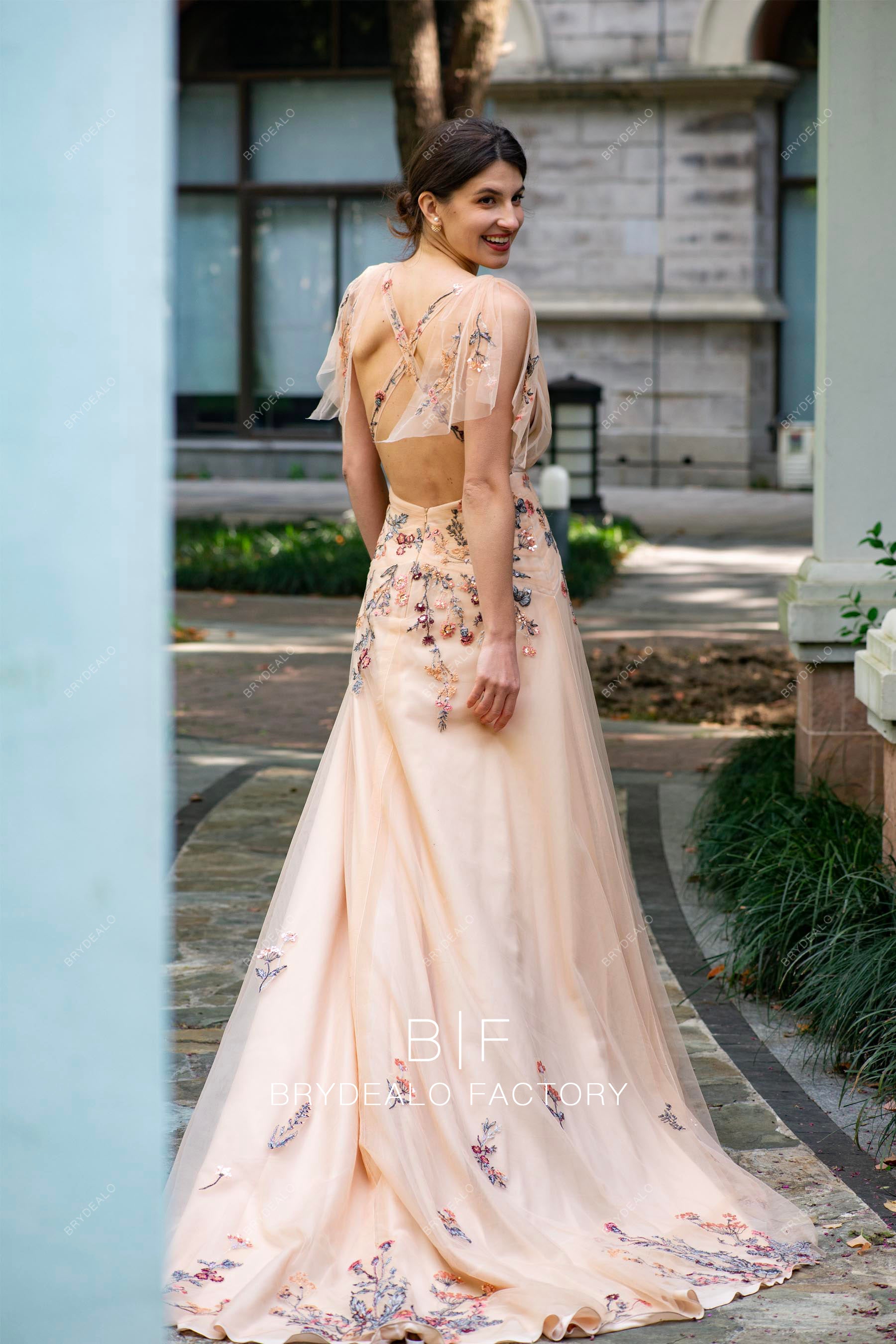 crisscross back boho floral wedding dress