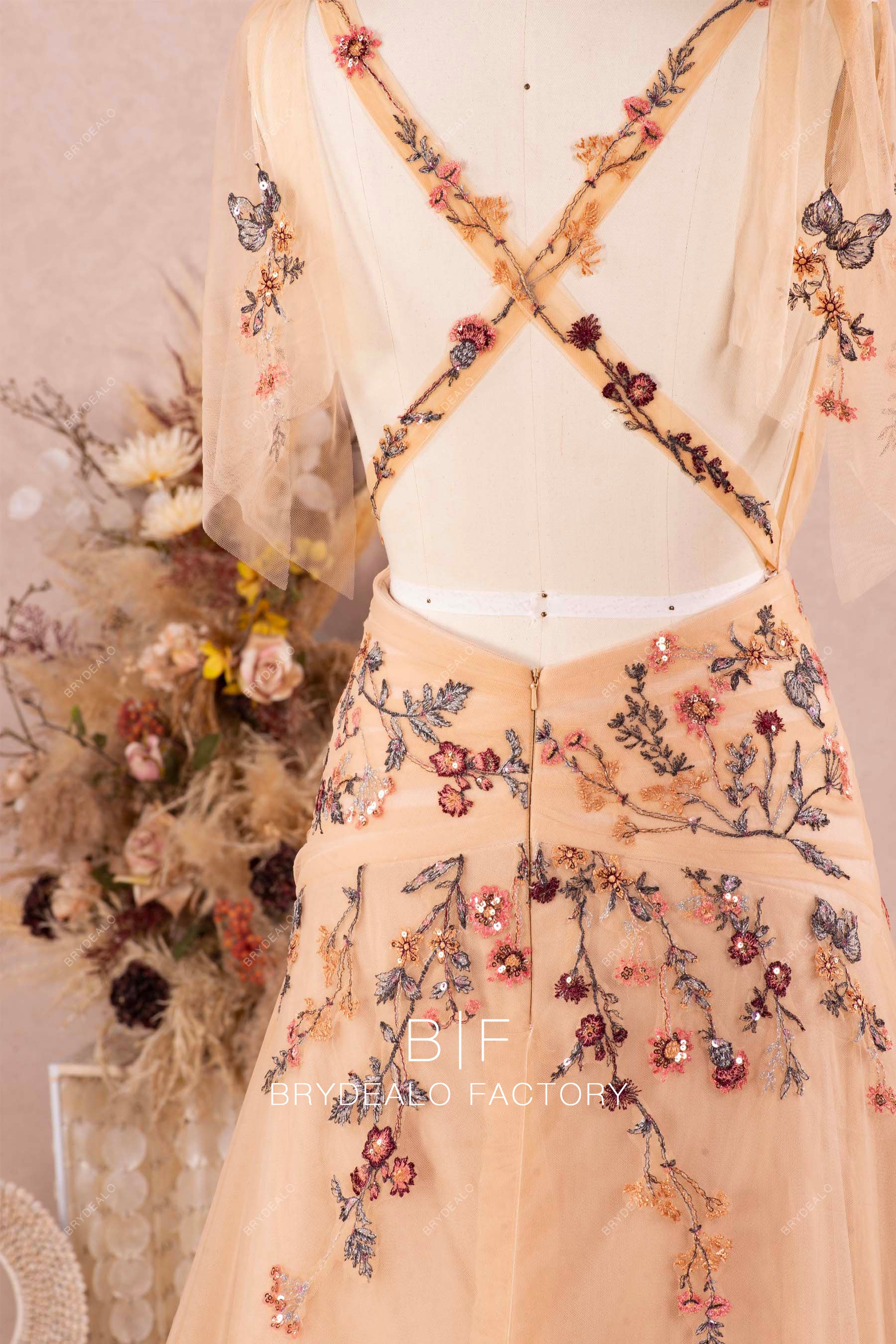 criss-cross back boho wedding dress embroidery