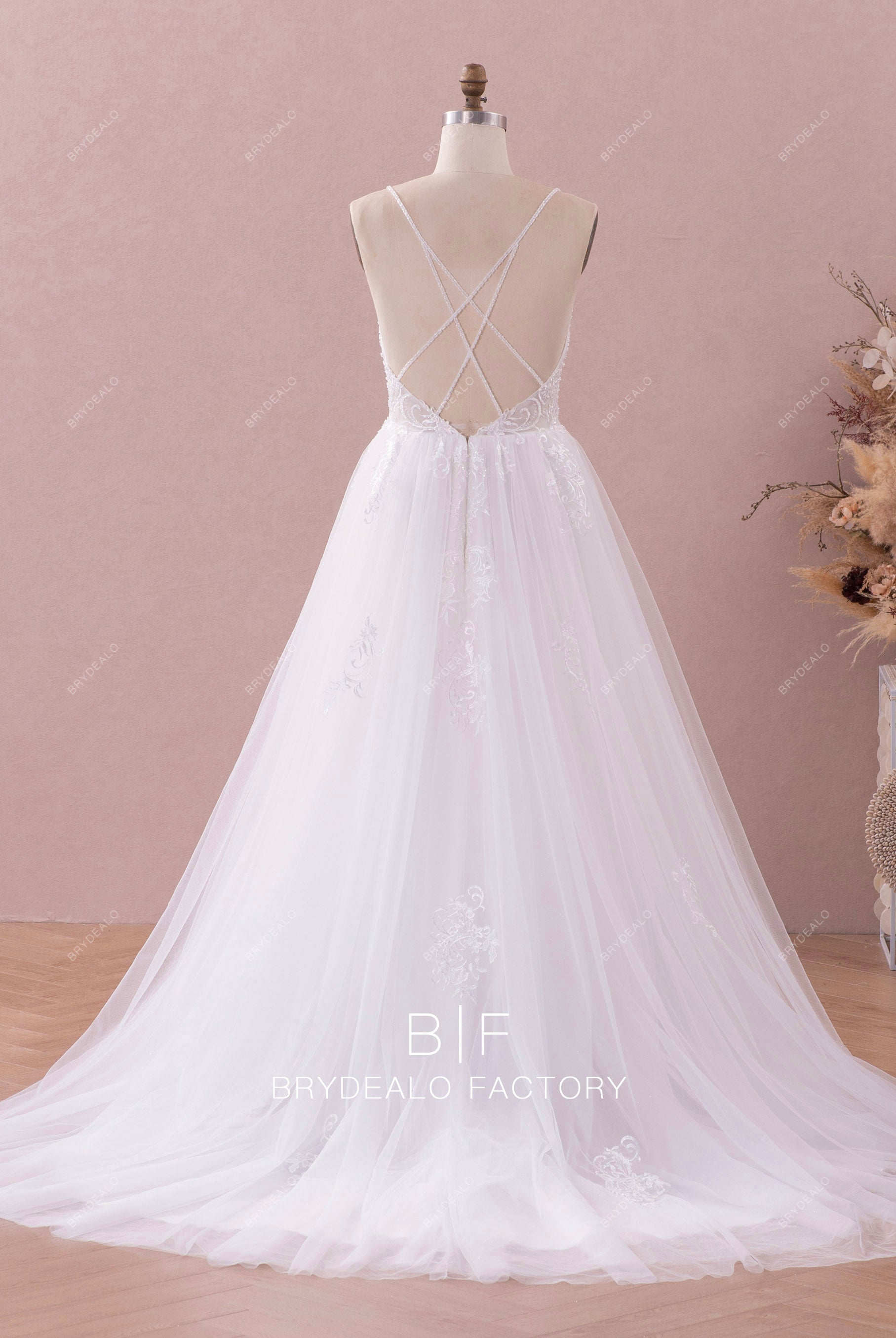 criss-cross back long wedding dress