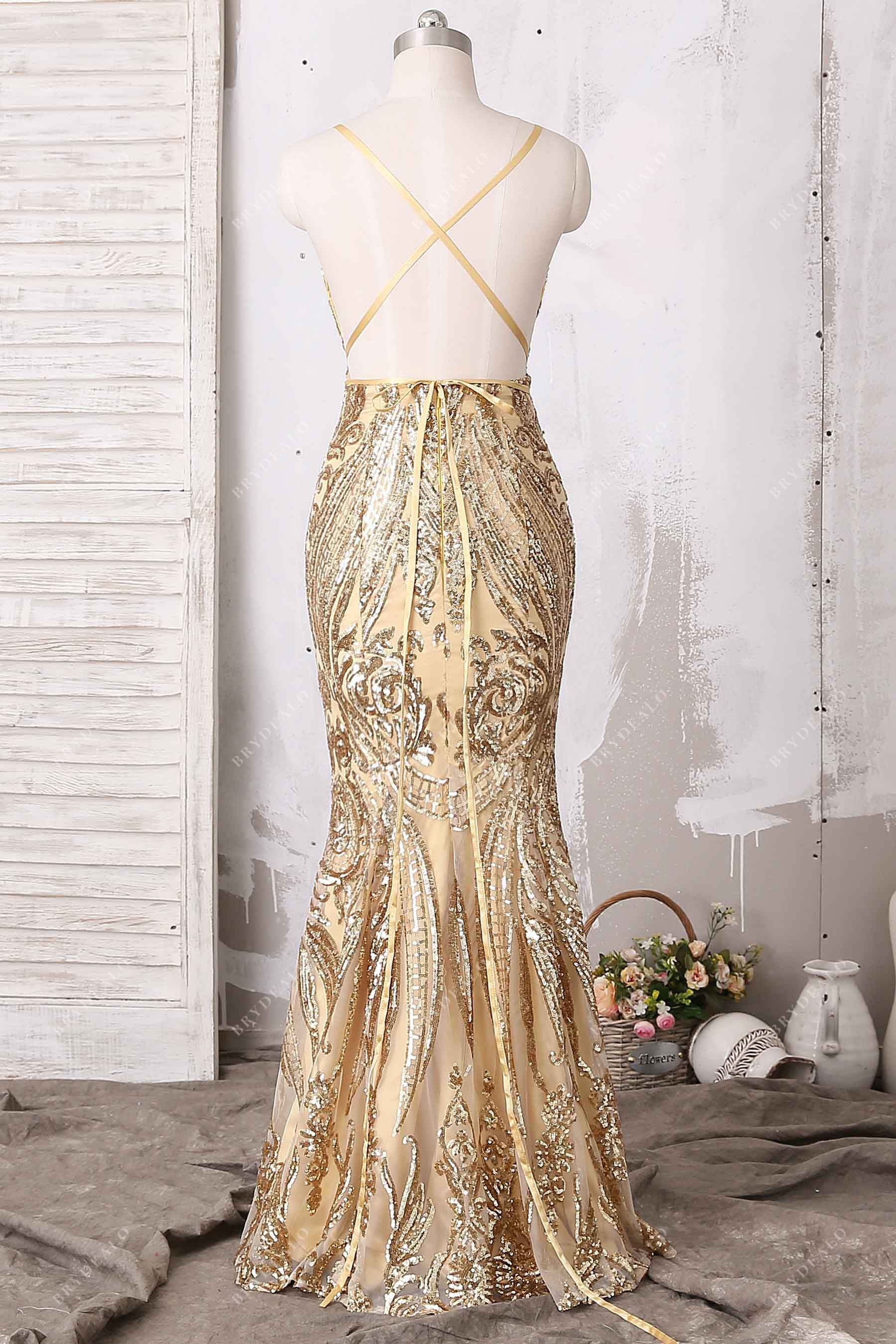 crisscross back mermaid sequin prom gown