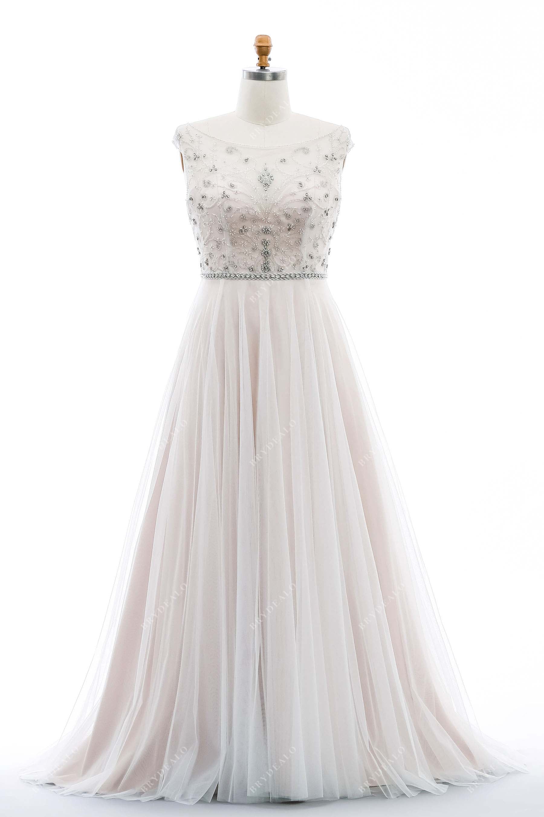 Plus Size Beaded Illusion Neck Nude Pink Wedding Dress Light Ivory