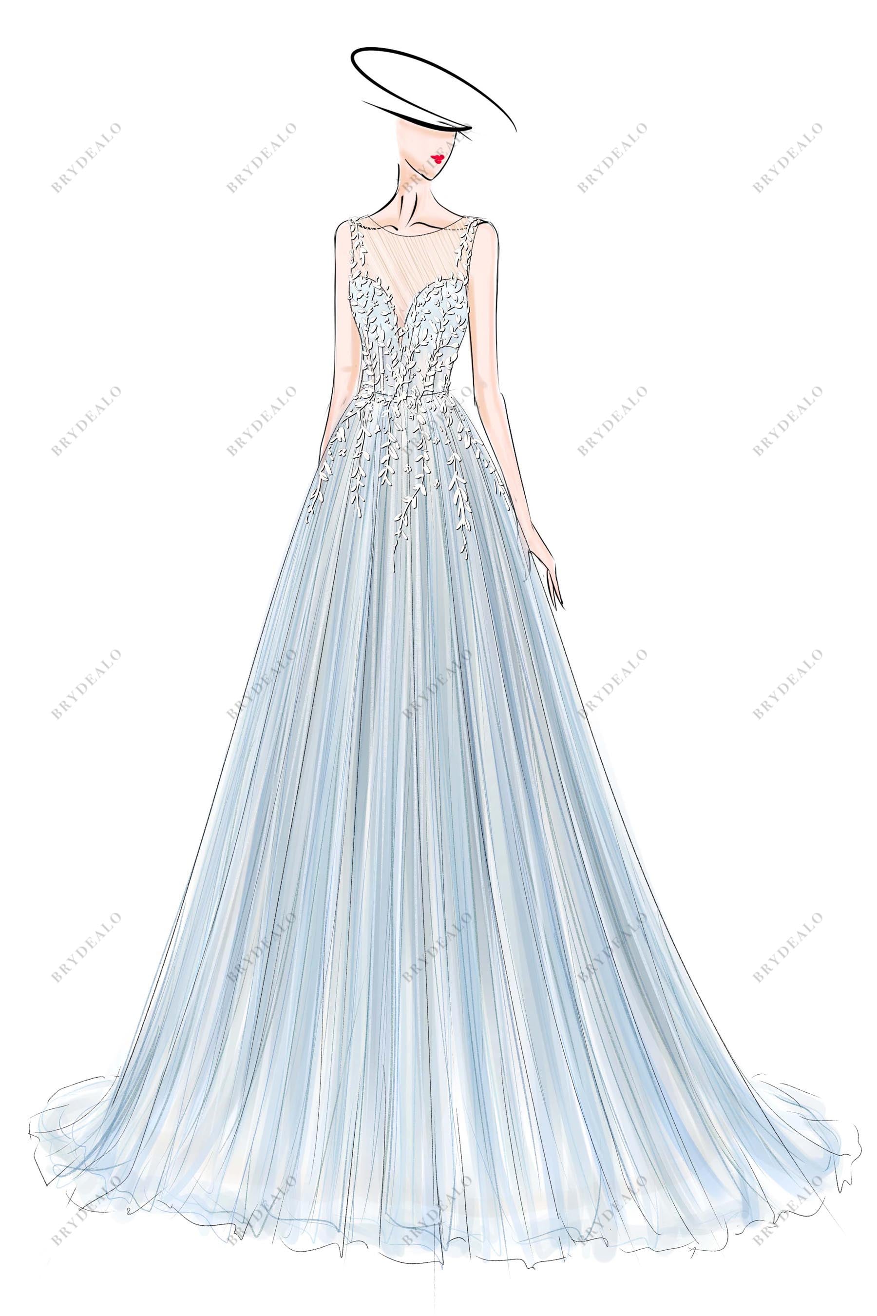 Romantic Blue Custom Lace Tulle A-line Wedding Dress Sketch Romantic Blue Custom Lace Tulle A-line Wedding Dress Sketch