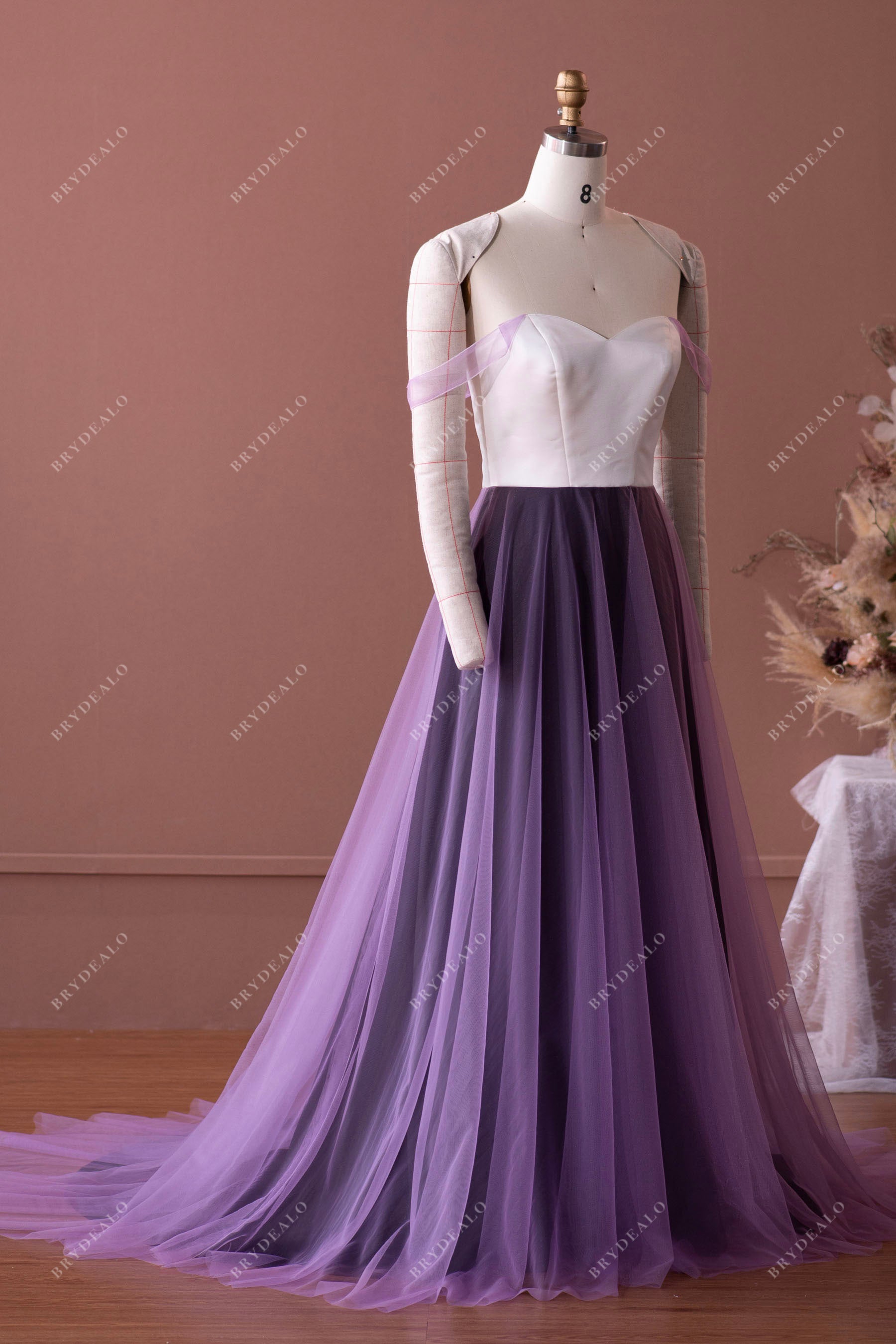 custom off-shoulder A-line wedding dress mockup