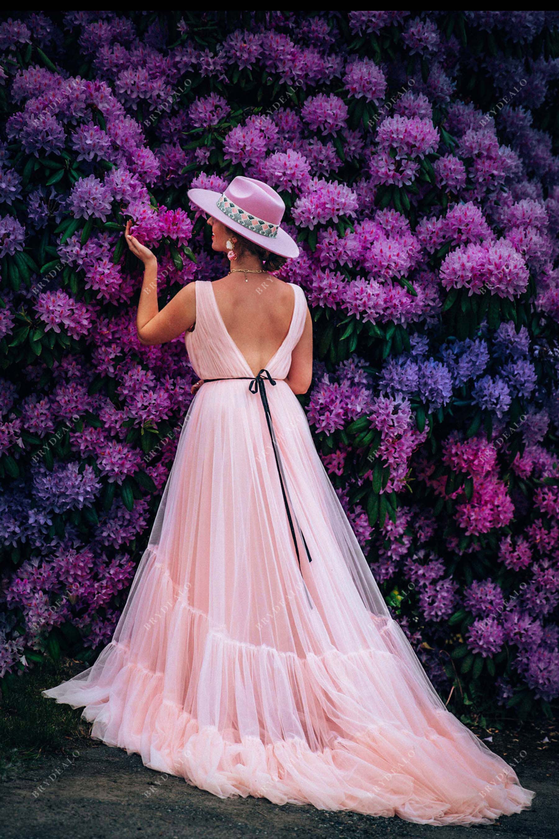 custom pink open back formal dress