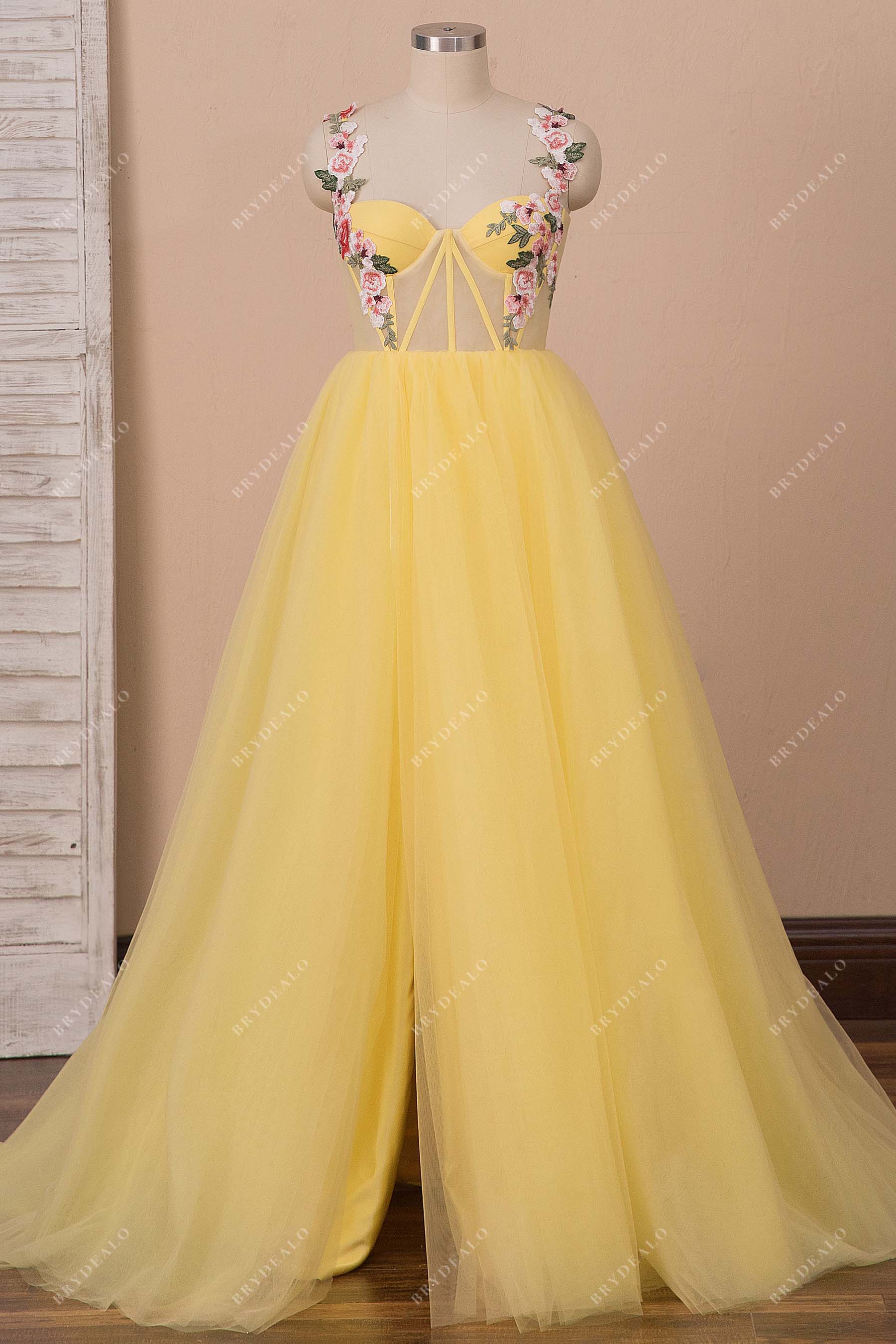 Flower Straps Yellow Corset Slit Prom Ball Gown Flower Straps Yellow Corset Slit Prom Ball Gown