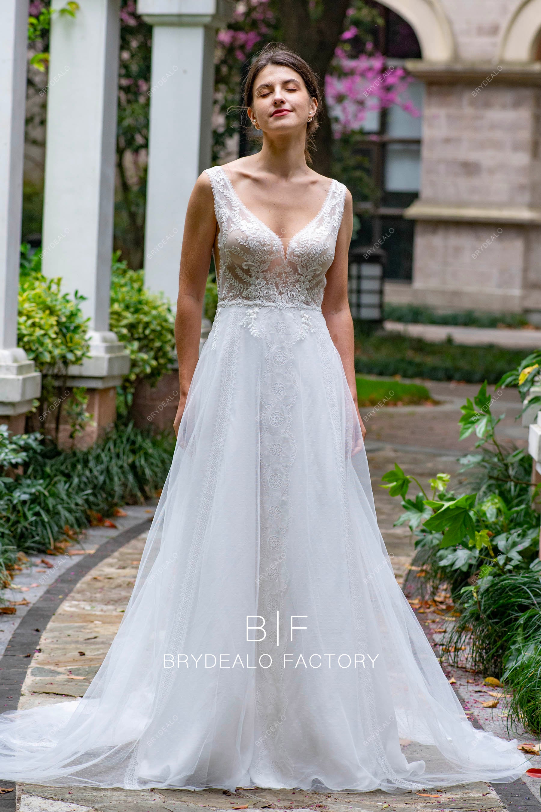 deep V-neck Aline boho wedding dress