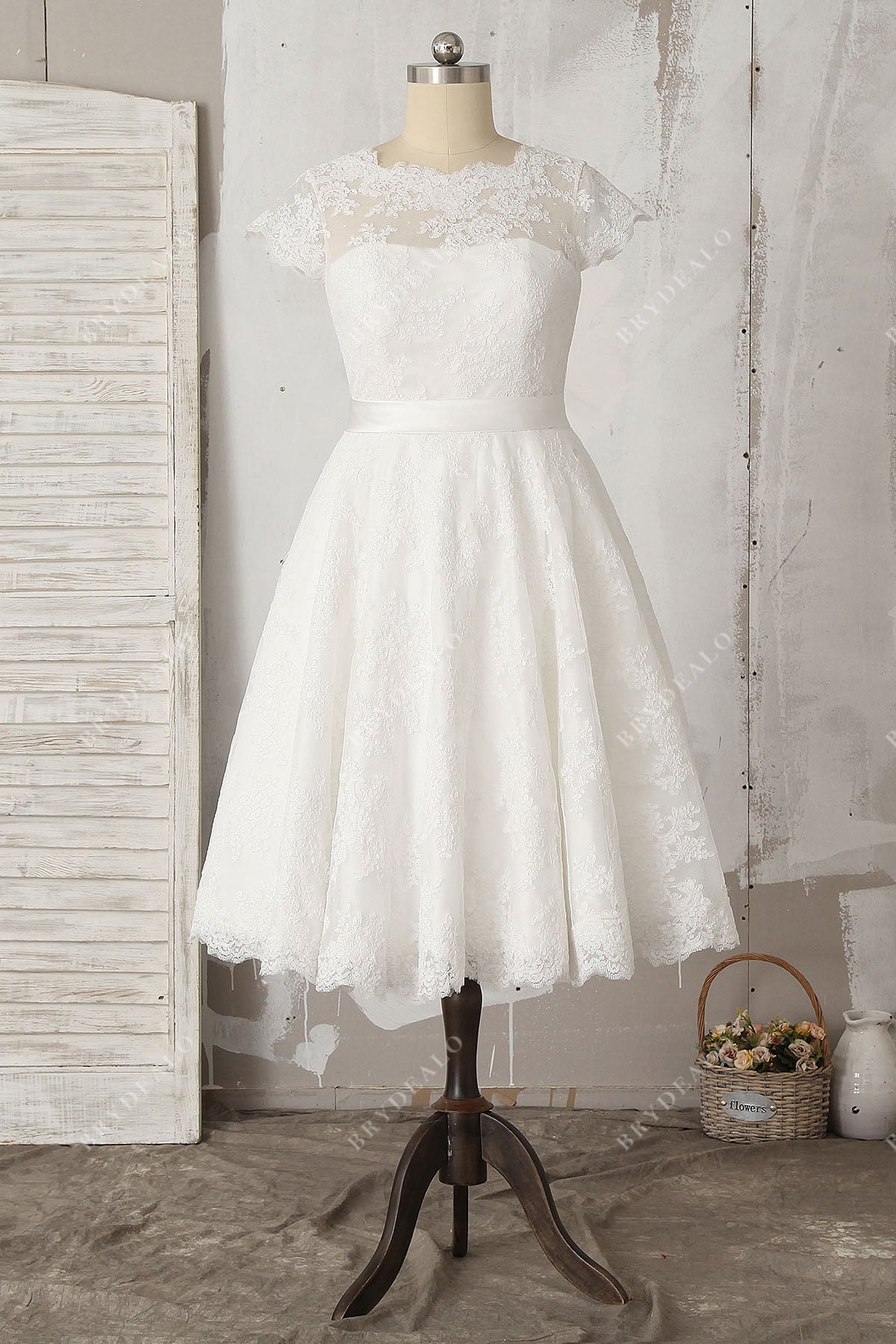 Lace Cap Sleeve Illusion Tea Length Wedding Dress Lace Cap Sleeve Illusion Tea Length Wedding Dress