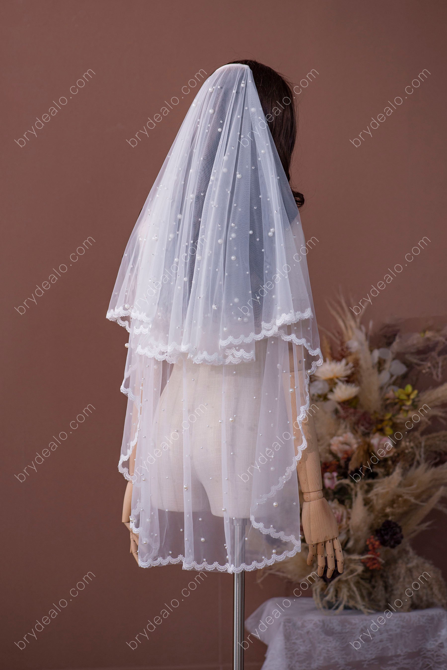 pearls lace edge wedding veil