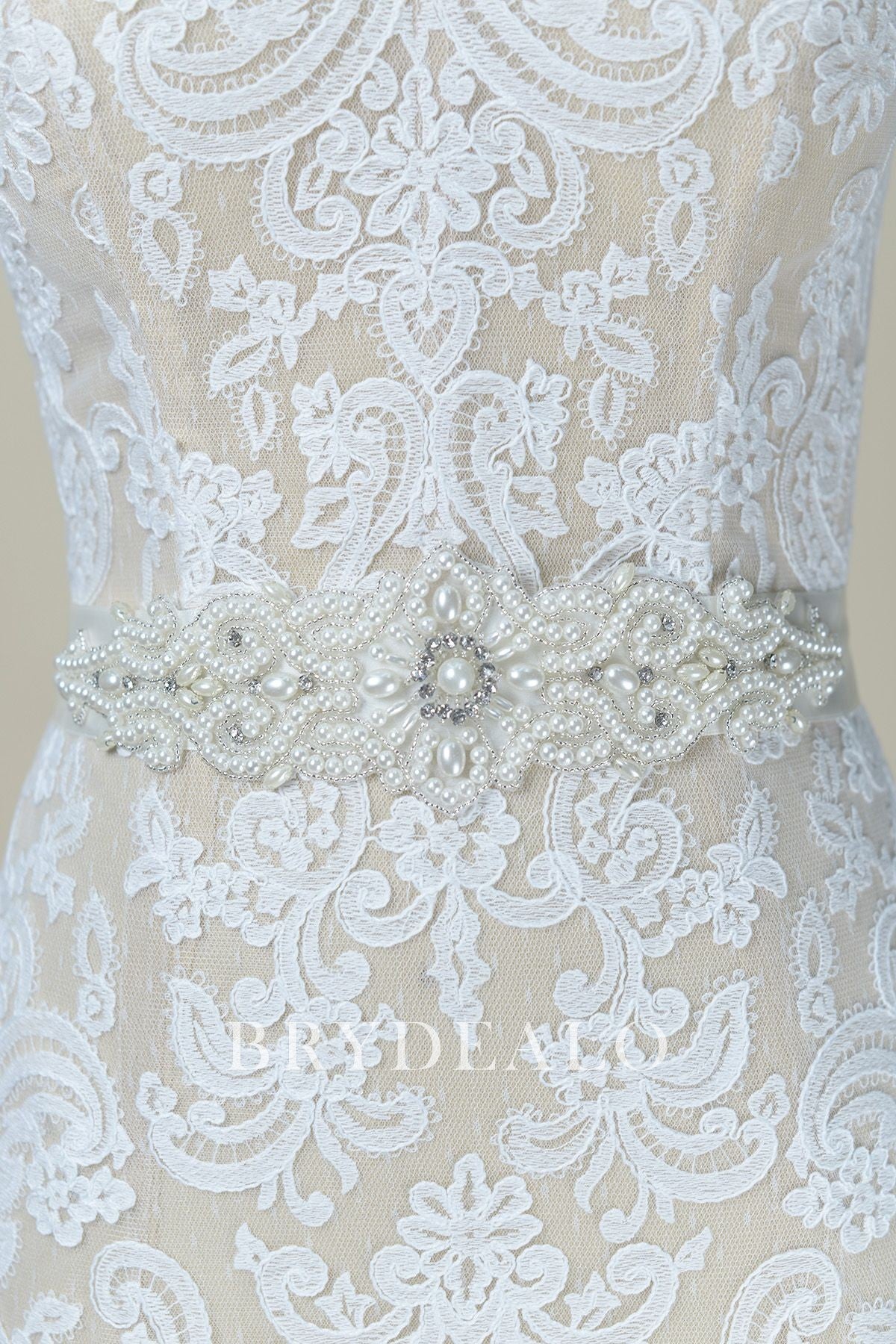 Delicate Pearls Crystals Satin Bridal Sash
