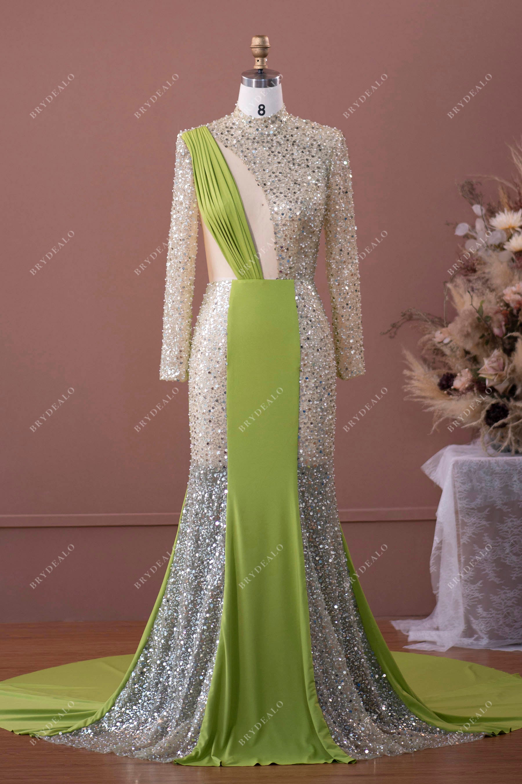 designer high neck long sleeve mermaid prom formal dress