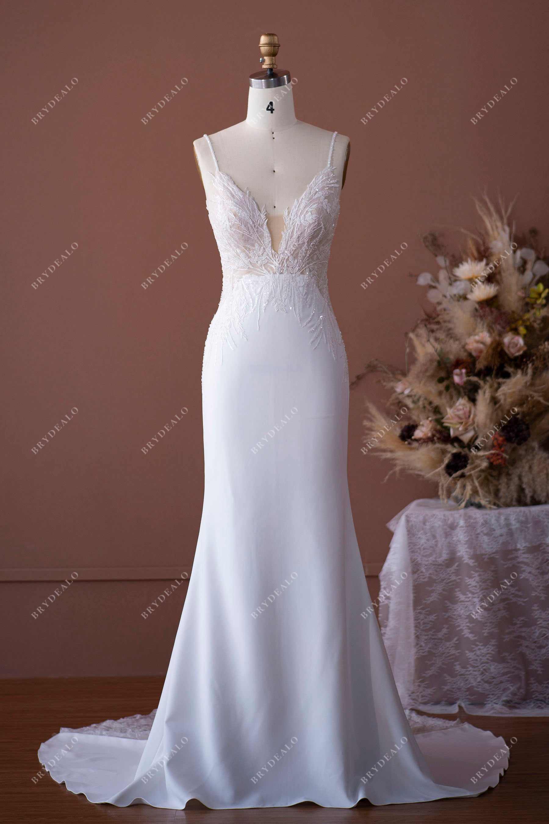 Designer Beaded Lace Plunge Mermaid Wedding Dress