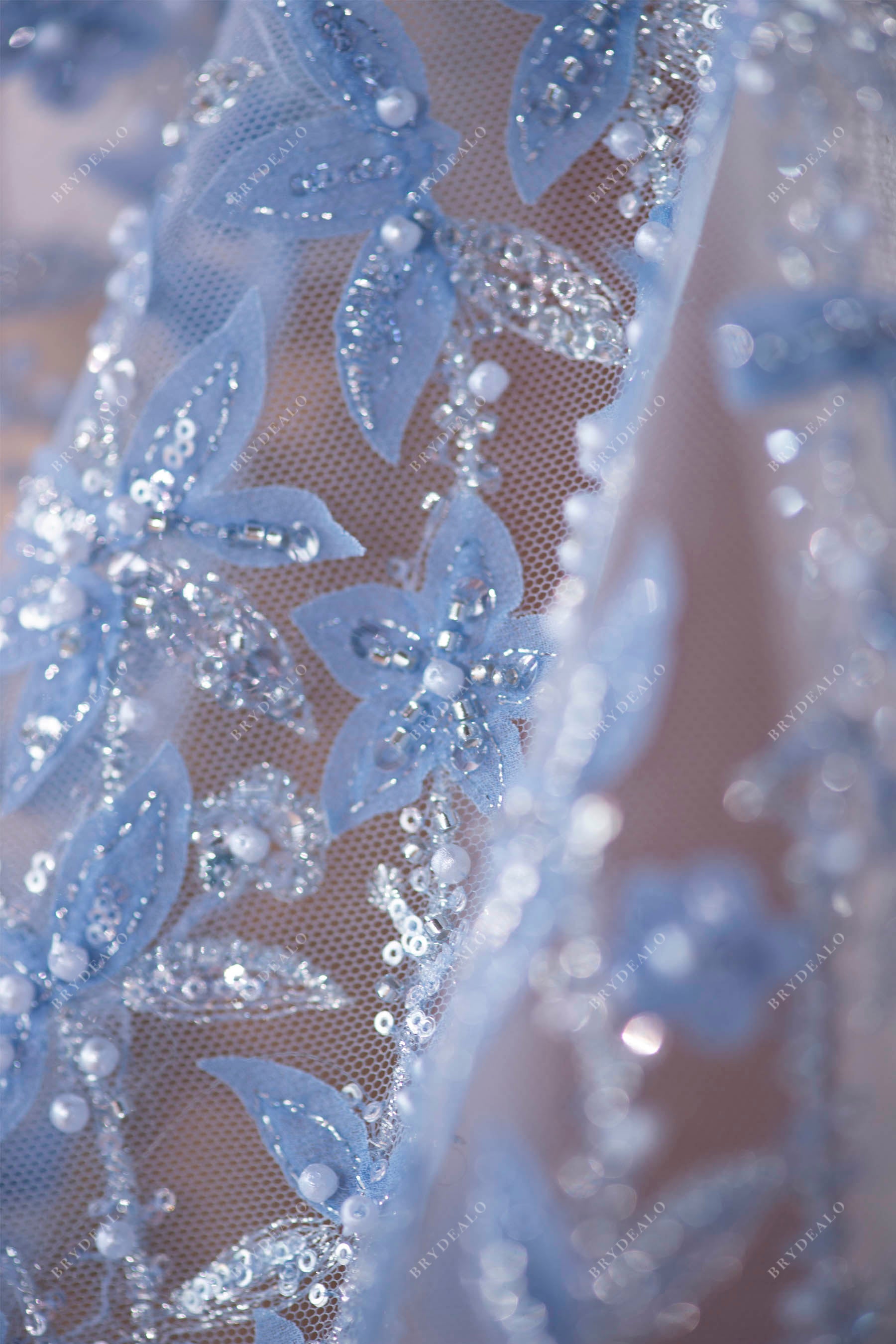 Wholesale Blue Designer Beaded 3D Leaf Lace Fabric
