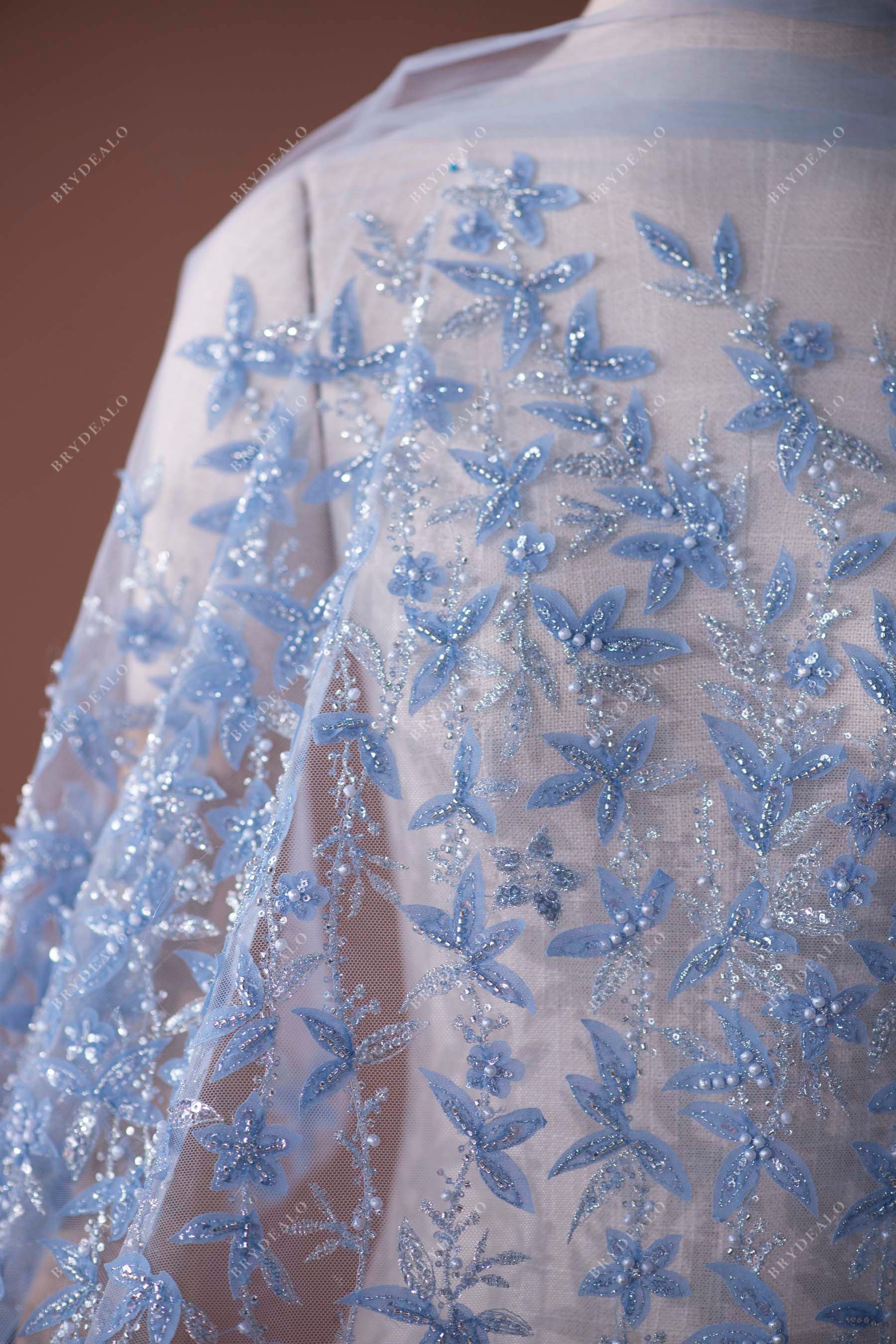 Blue Designer Beaded 3D Leaf Lace