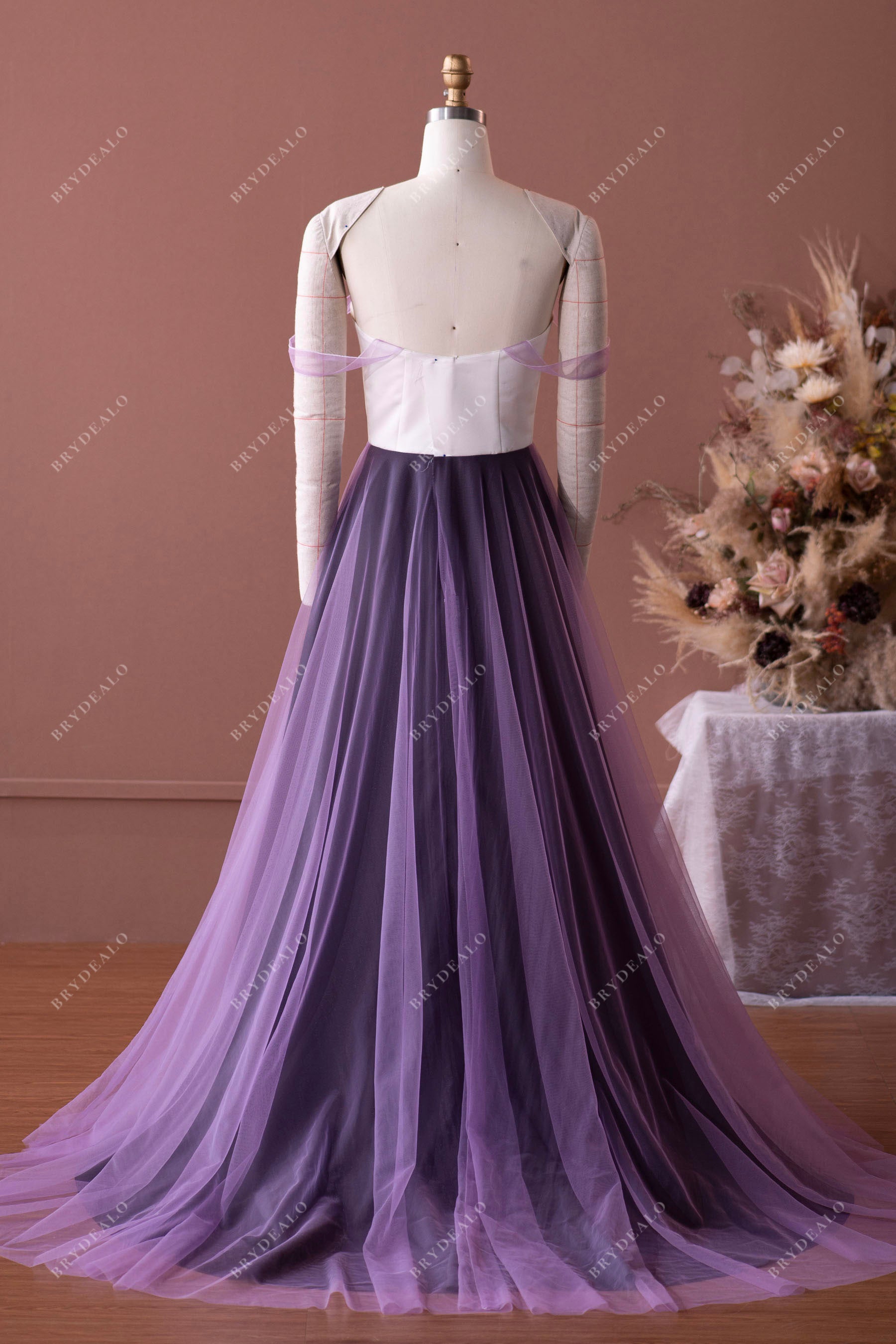 designer custom off-shoulder A-line wedding gown mockup