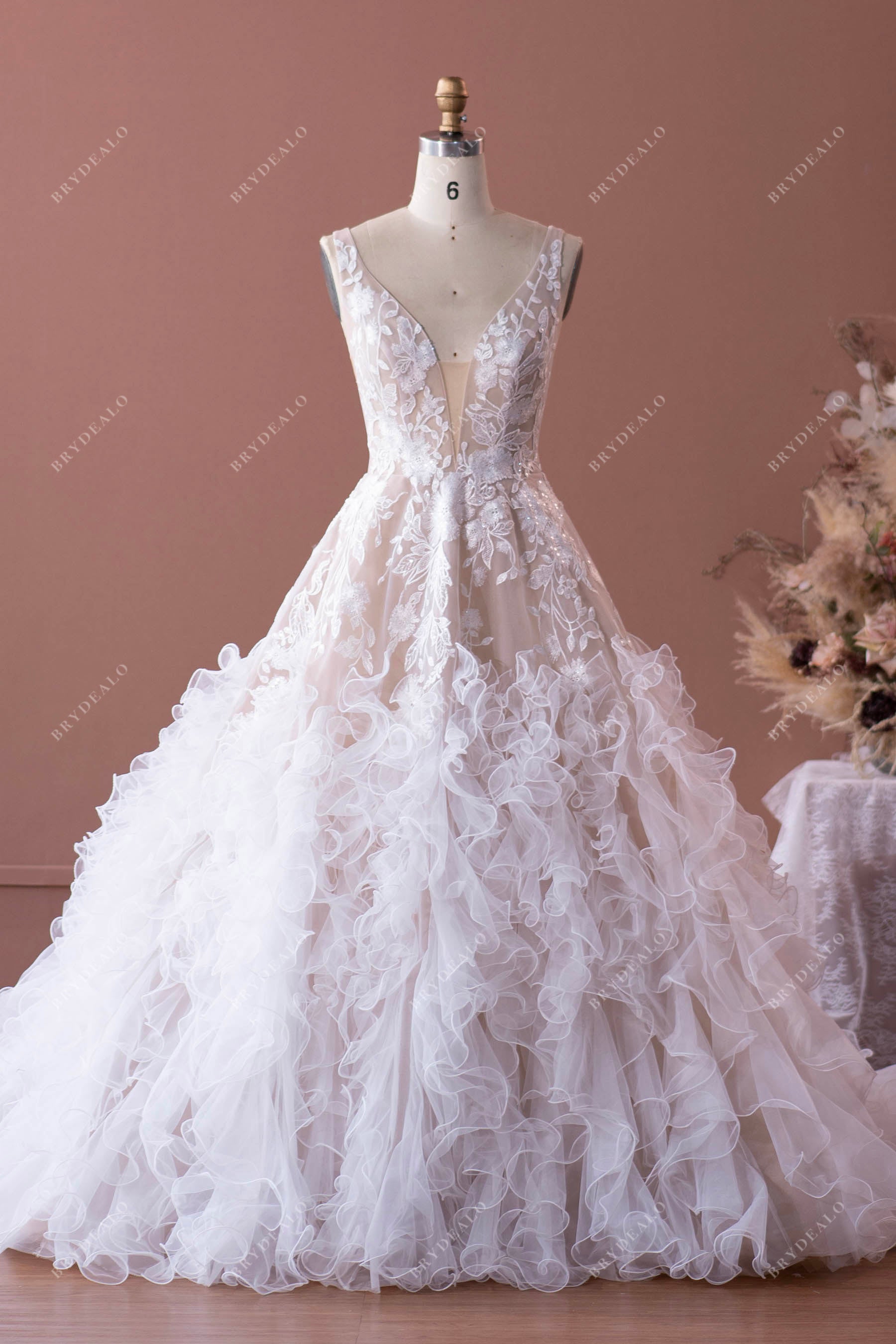 Designer Flower Lace Ruffled Tulle Puffy Wedding Dress Light Ivory