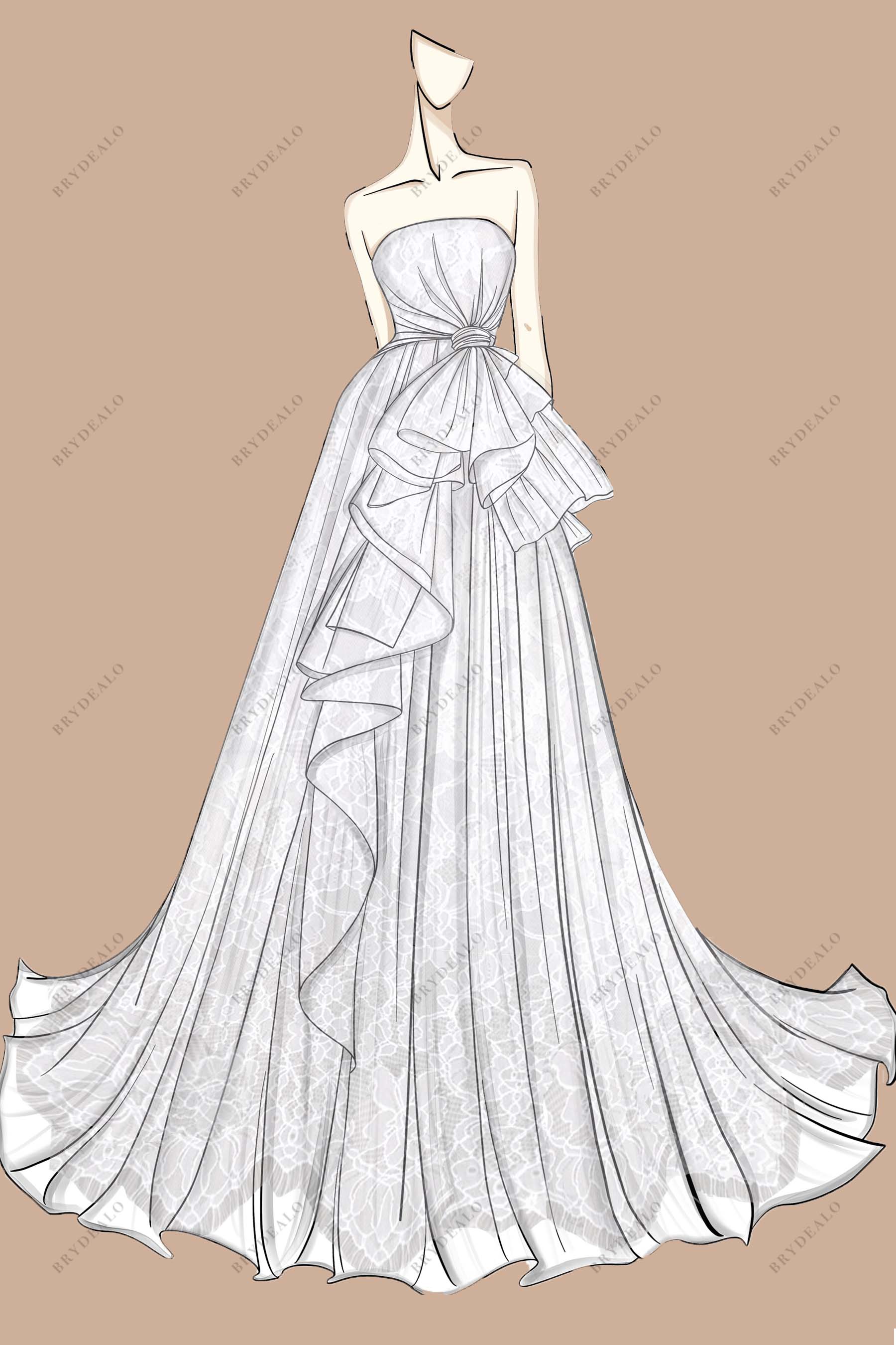 Designer Lace Cascading Ruffled A-line Wedding Dress Sketch Designer Lace Cascading Ruffled A-line Wedding Dress Sketch