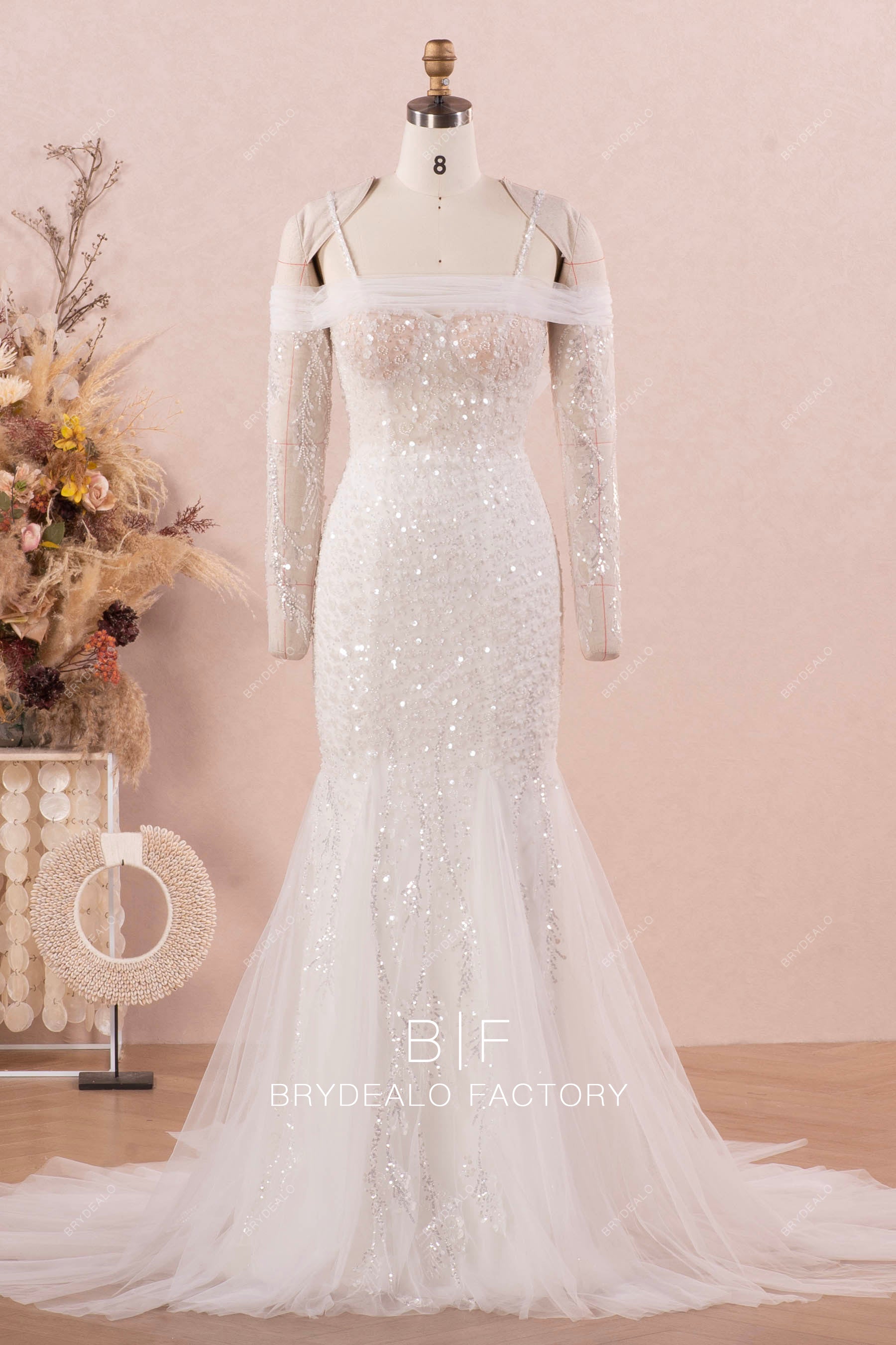 detachable off shoulder sleeve mermaid sequin wedding dress