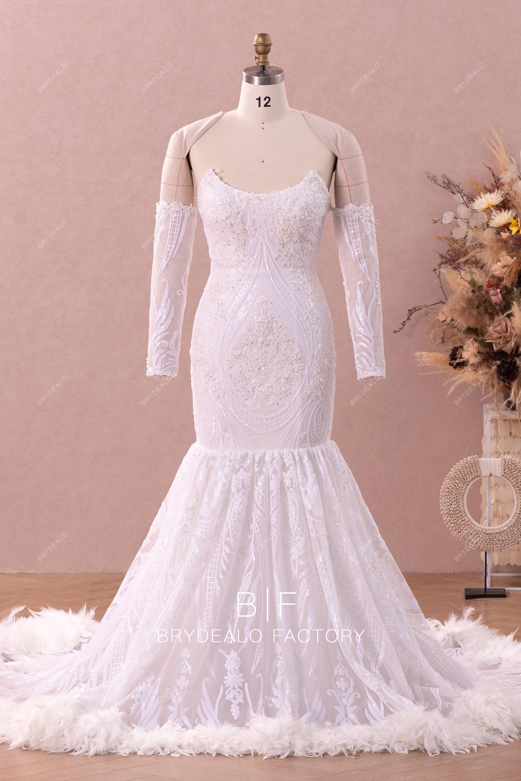 Detachable Off Shoulder Sleeved Sequin Feather Wedding Dress