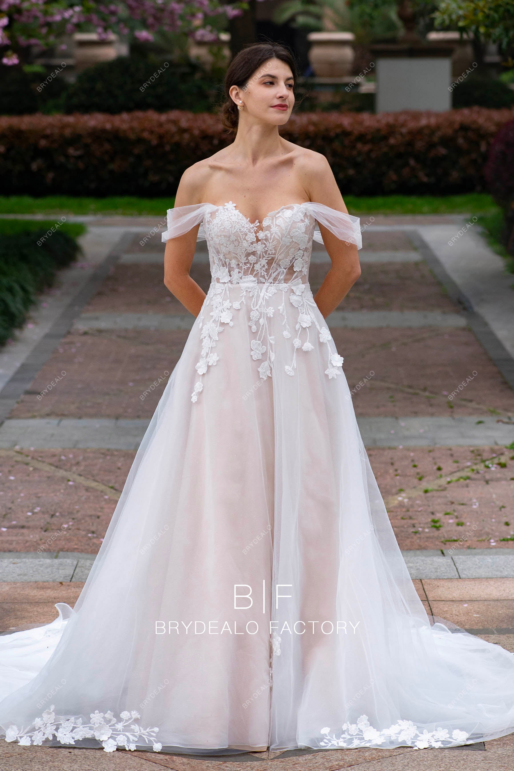 Romantic Off Shoulder Flower Lace A-Line Wedding Dress Nude Beige Romantic Off Shoulder Flower Lace A-Line Wedding Dress Nude Beige
