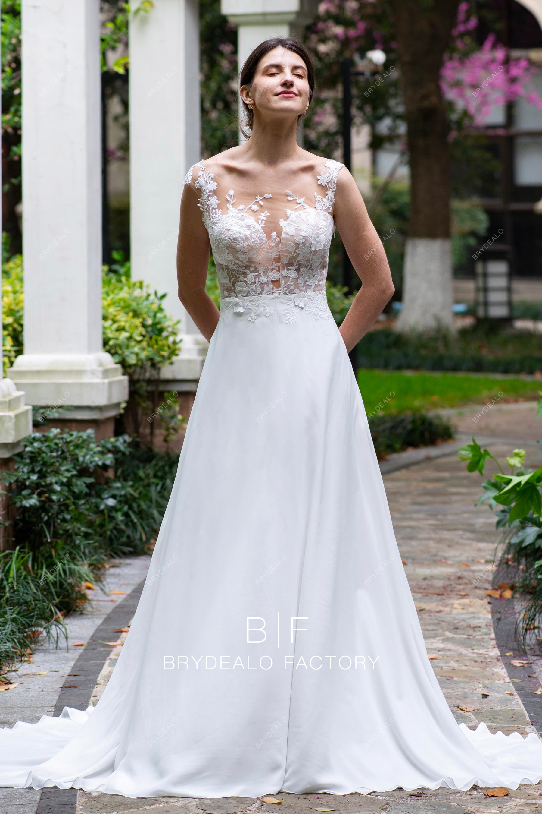 Illusion Botanic Lace Flowing Chiffon A-line Beach Wedding Dress Illusion Botanic Lace Flowing Chiffon A-line Beach Wedding Dress