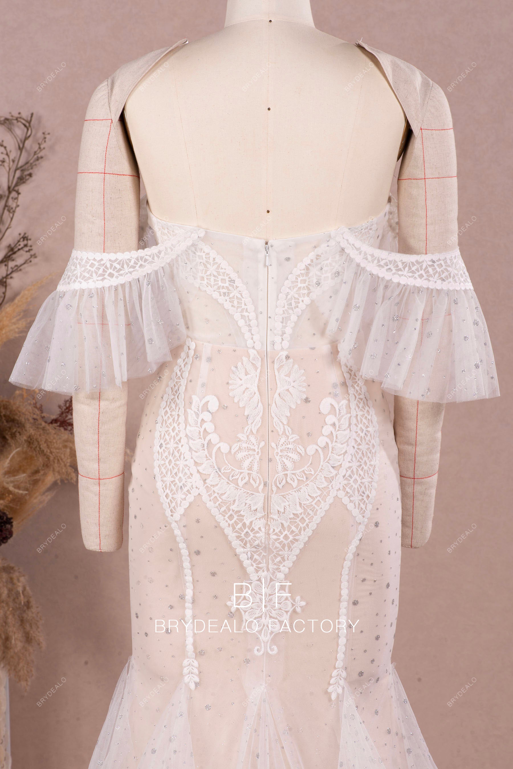 dreamy off shoulder ruffled sleeve wedding dress