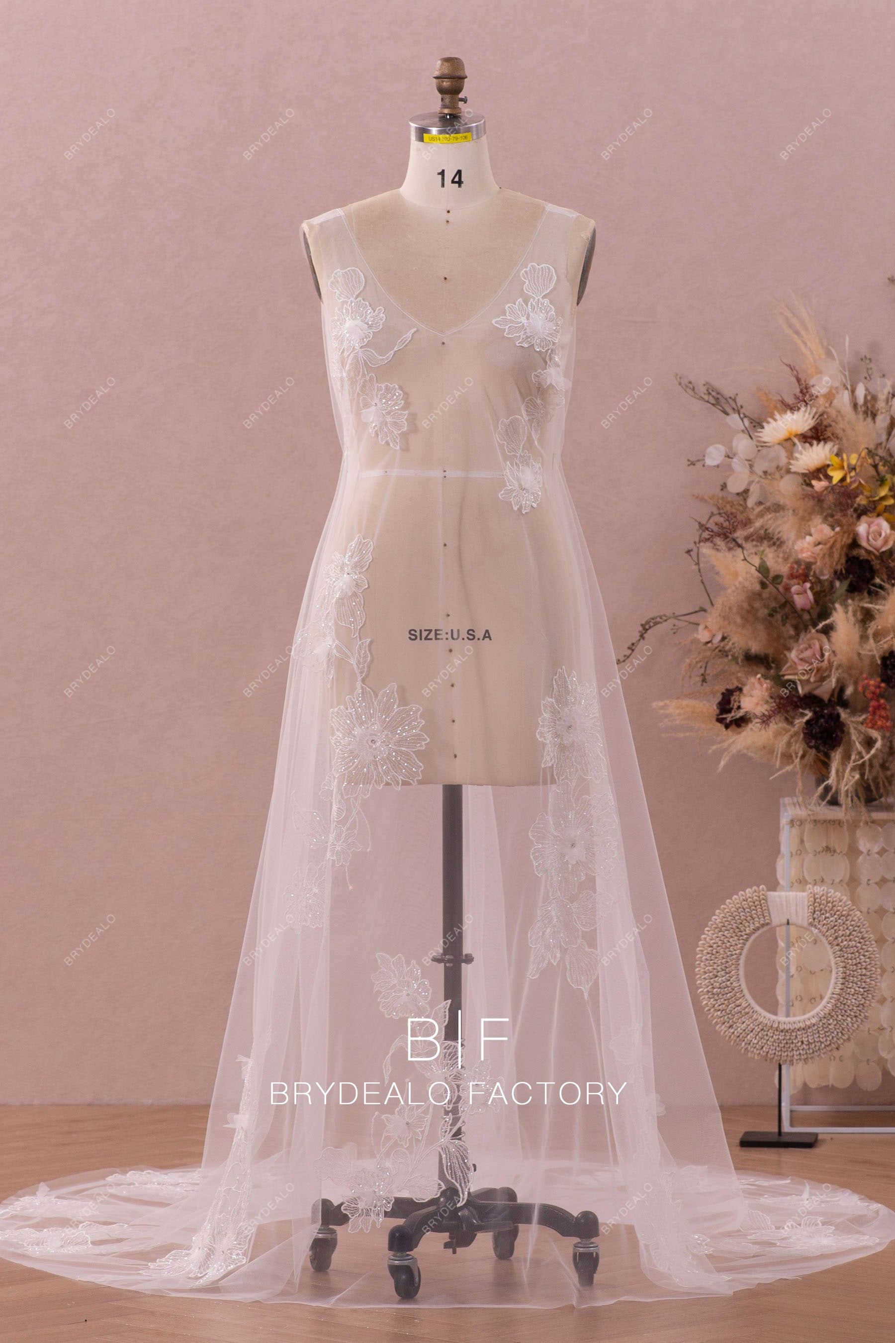 Wholesale Shimmery Flower Tulle Long Bridal Robe Wholesale Shimmery Flower Tulle Long Bridal Robe