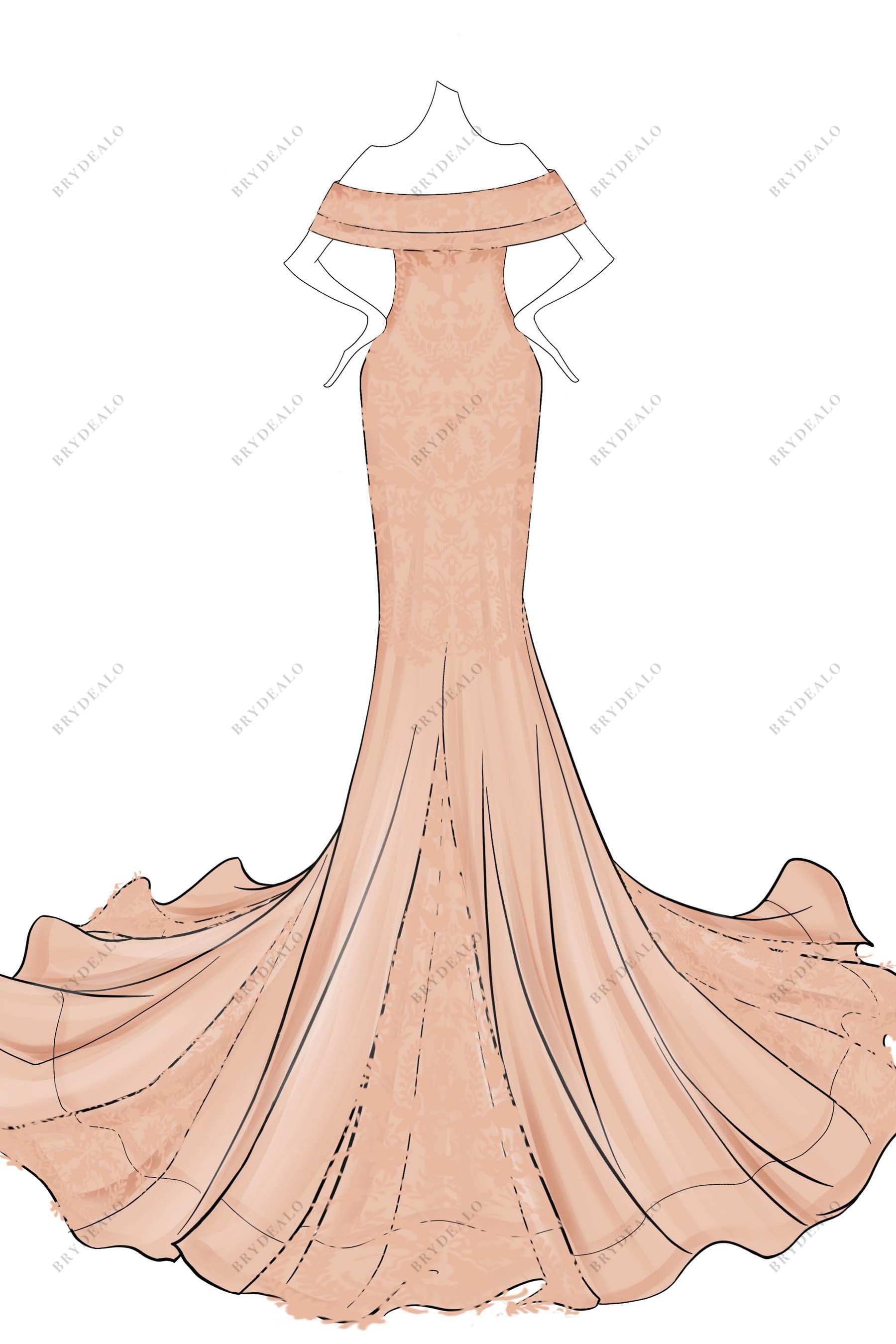 Dusty Pink Off-shoulder Trumpet Custom Wedding Dress Sketch