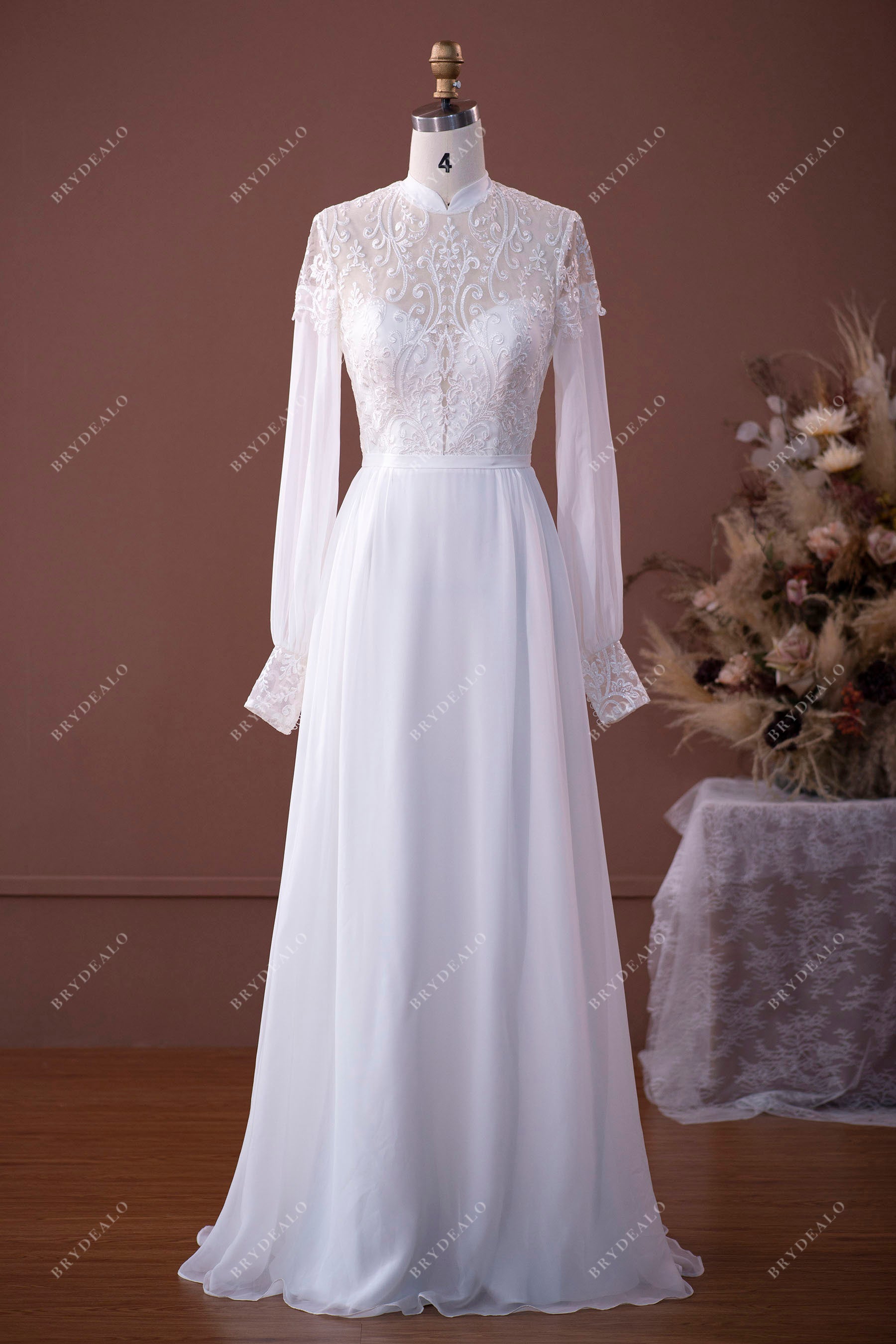 sheer long sleeves chiffon bridal gown