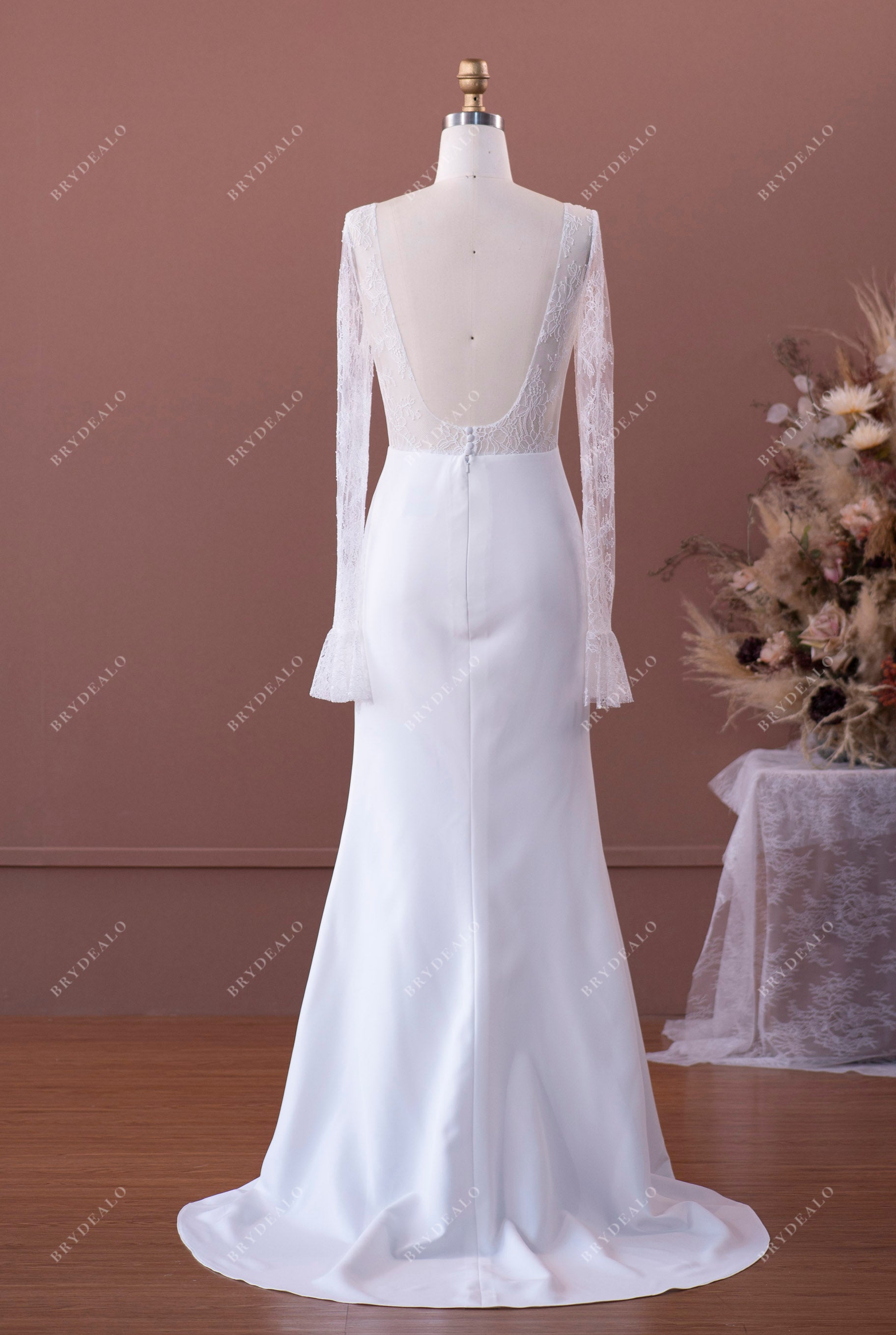 elegant long lace crepe open back mermaid wedding gown