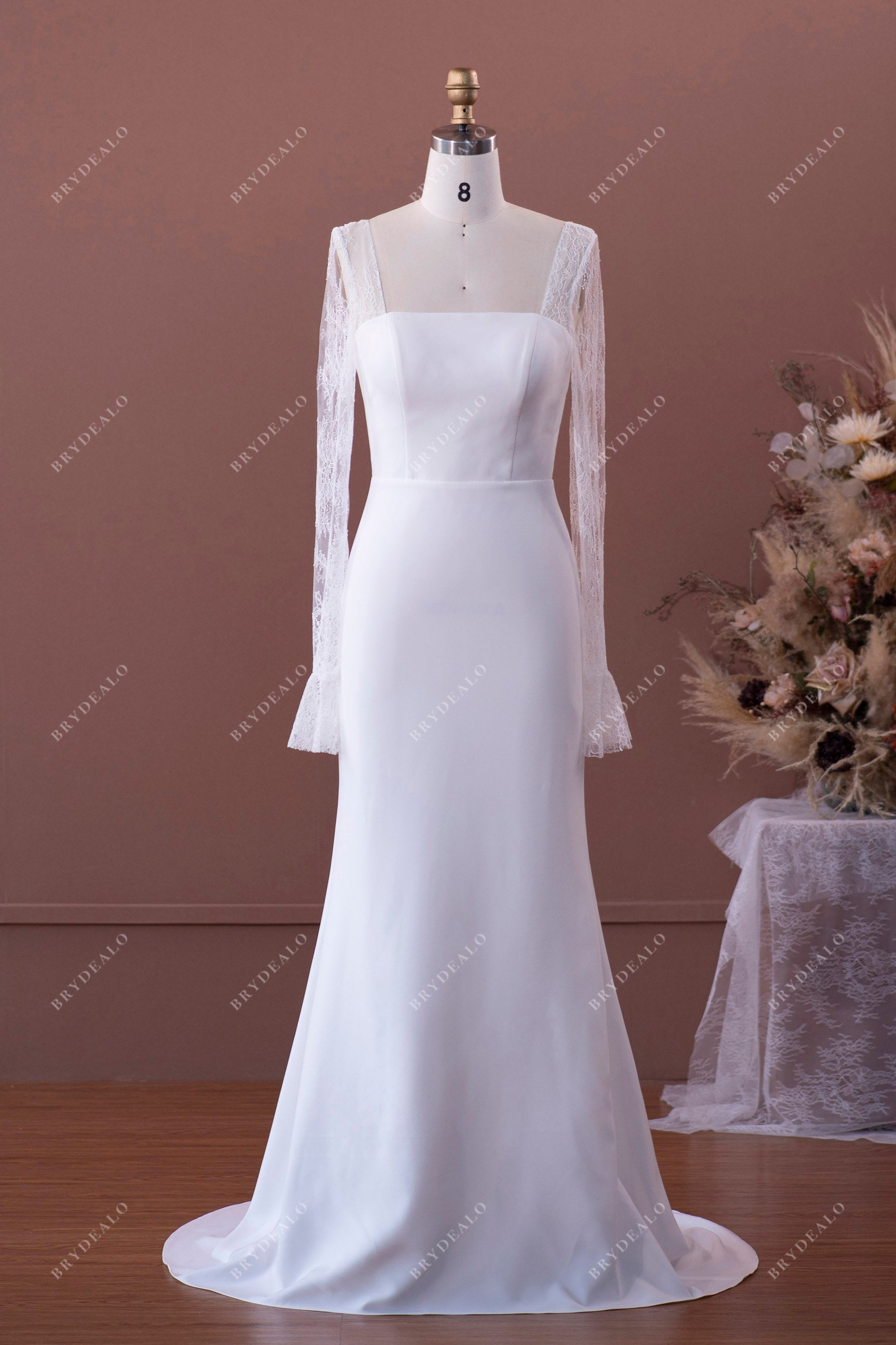 elegant long lace sleeve crepe mermaid wedding dress