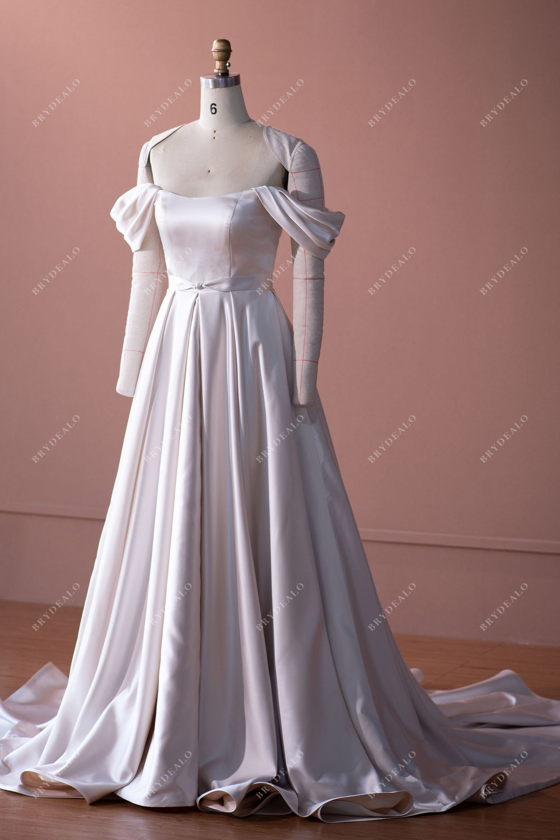 elegant off-shoulder satin A-line long wedding dress