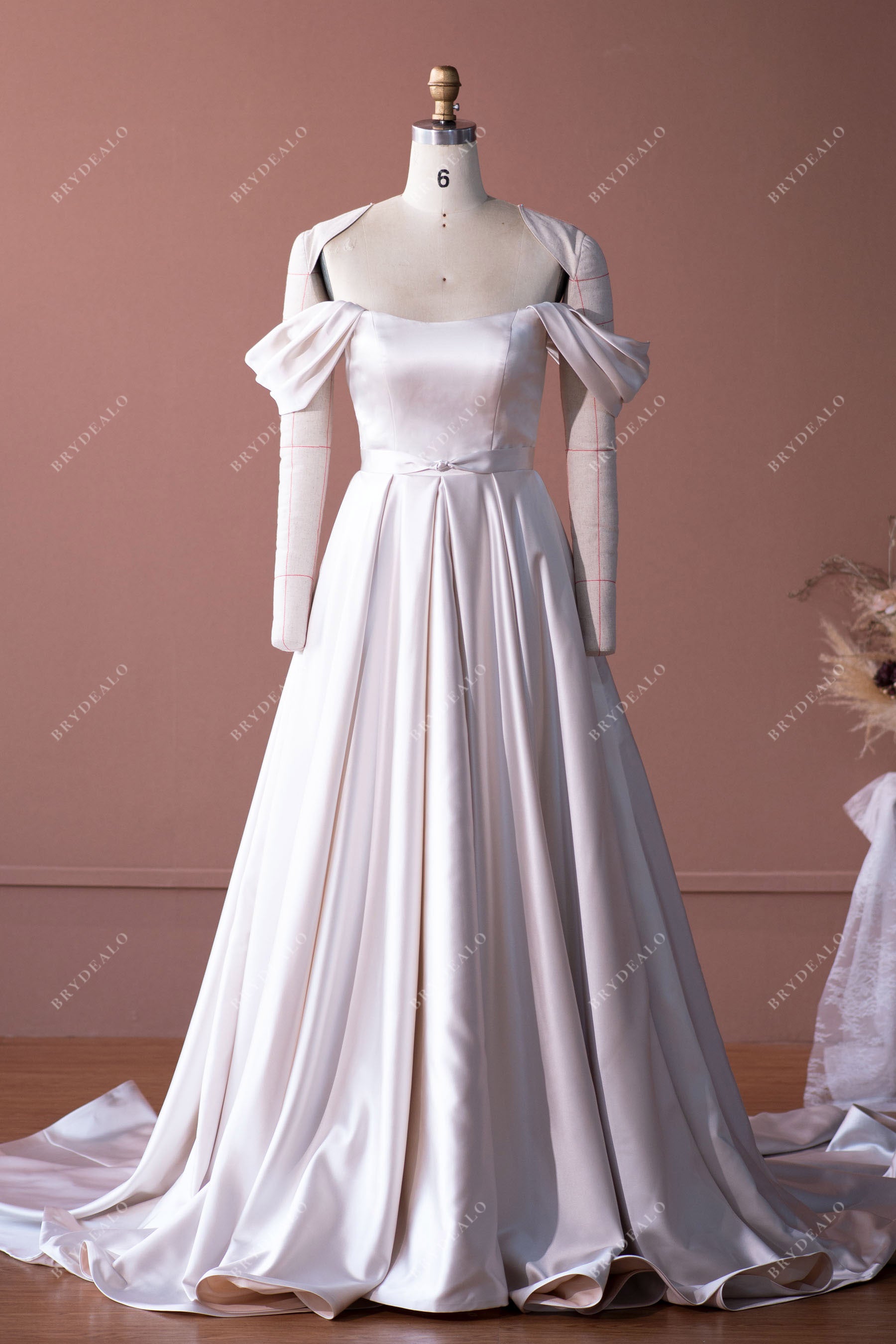 elegant off-shoulder satin A-line wedding dress