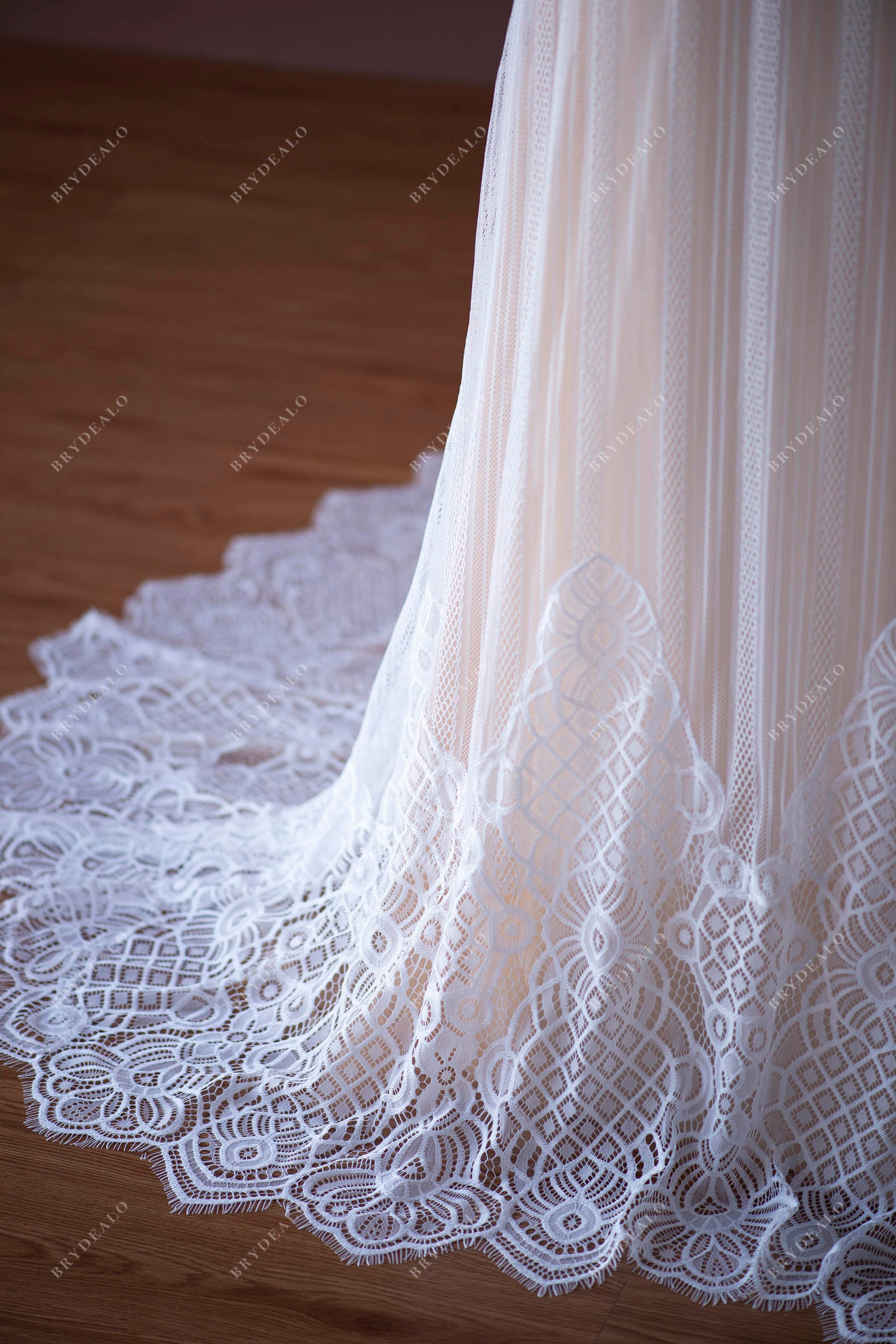 private label lace train bridal dress