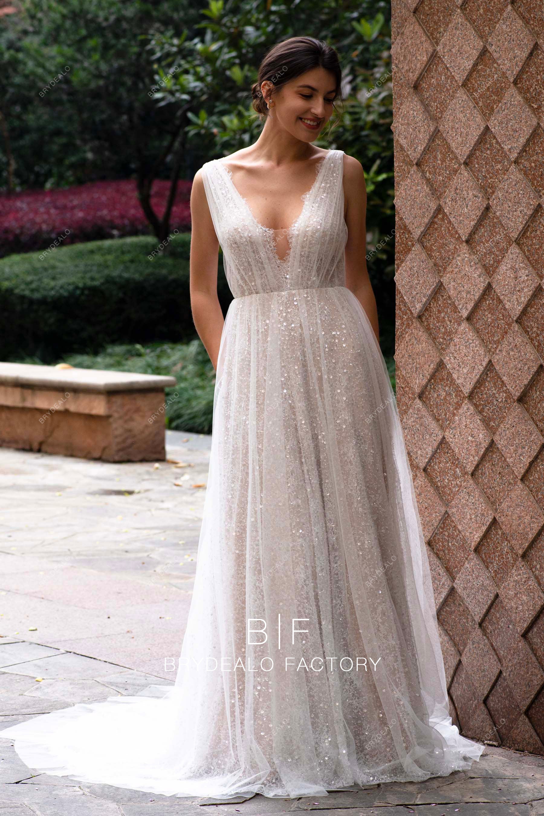 elegant straps pleated plunging A-line wedding dress